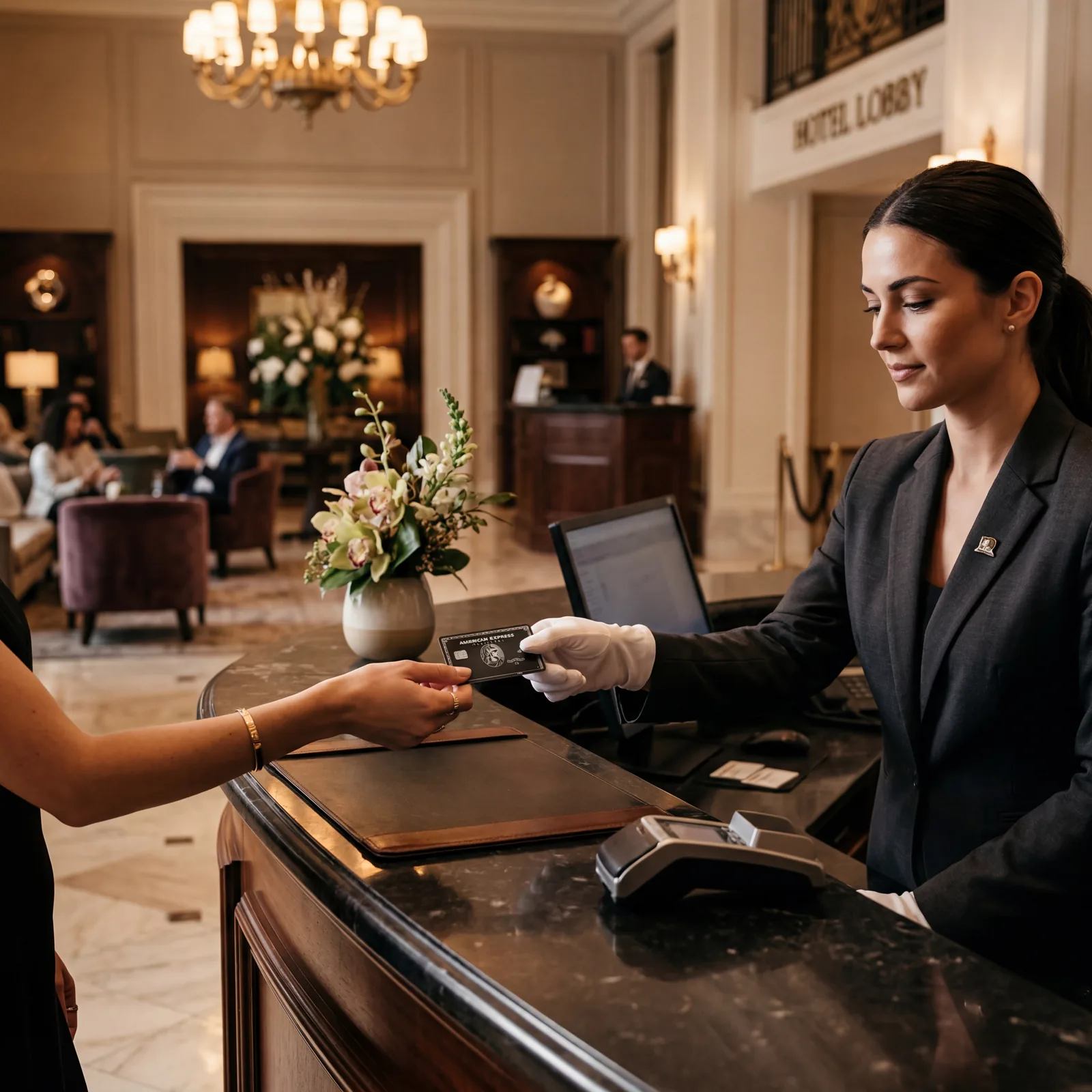 Hotel check-in counter, close-up of credit card being handed over, staff glancing at card type, upscale hotel lobby, warm editorial travel photography, photorealistic, no text, no watermark, 16:9