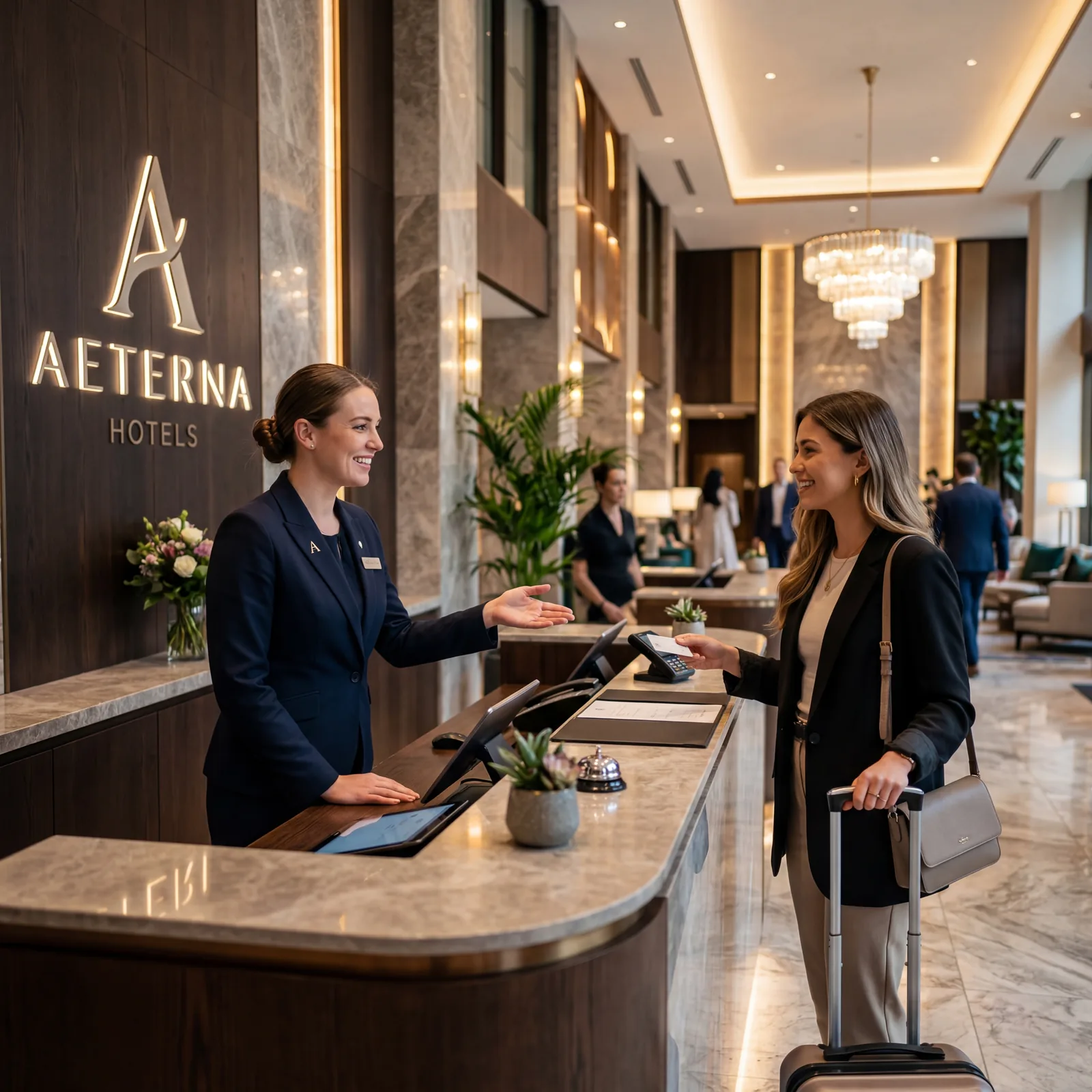Hotel reception desk, staff member welcoming guest, hotel logo visible in background, modern luxury hotel interior, editorial photography, photorealistic, no text, no watermark, 16:9