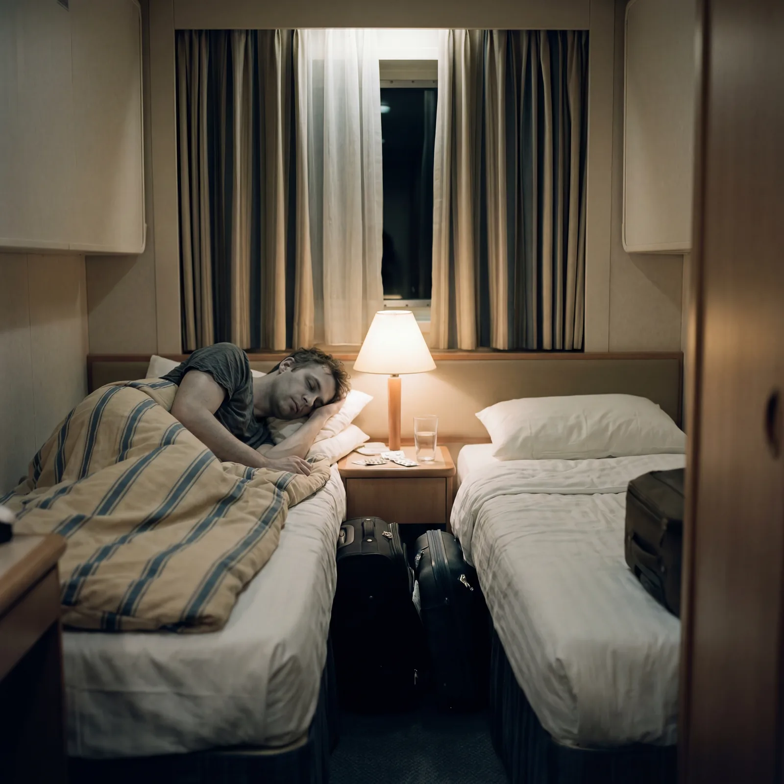 passenger looking pale and unwell on a cruise ship cabin bed, dim lighting, realistic travel documentary photography, no text, no watermark, 16:9