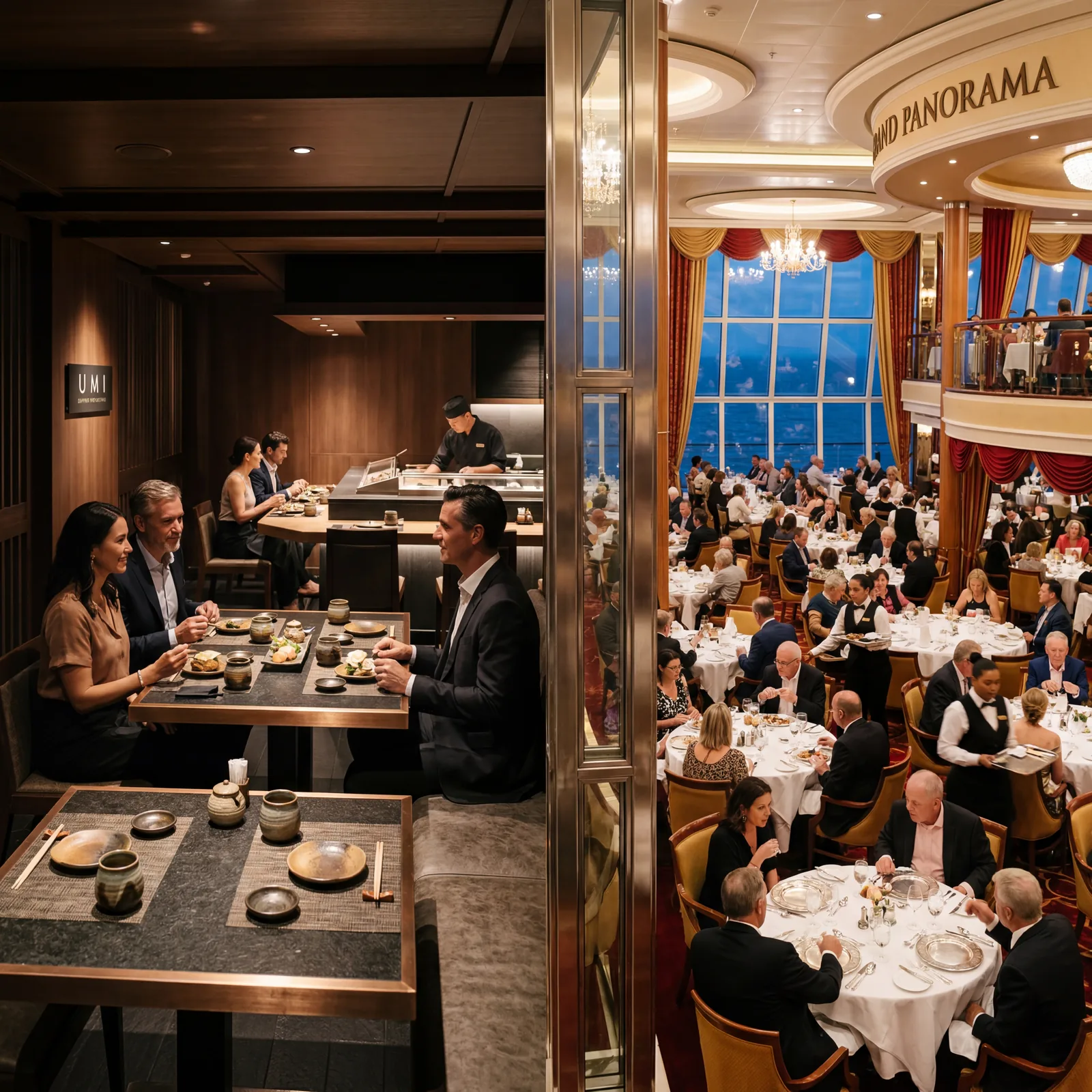 Side-by-side comparison scene, elegant specialty restaurant on one side and the main dining room on the other, contrasting ambiance and presentation, editorial travel photography, photorealistic, no text, no watermark, 16:9