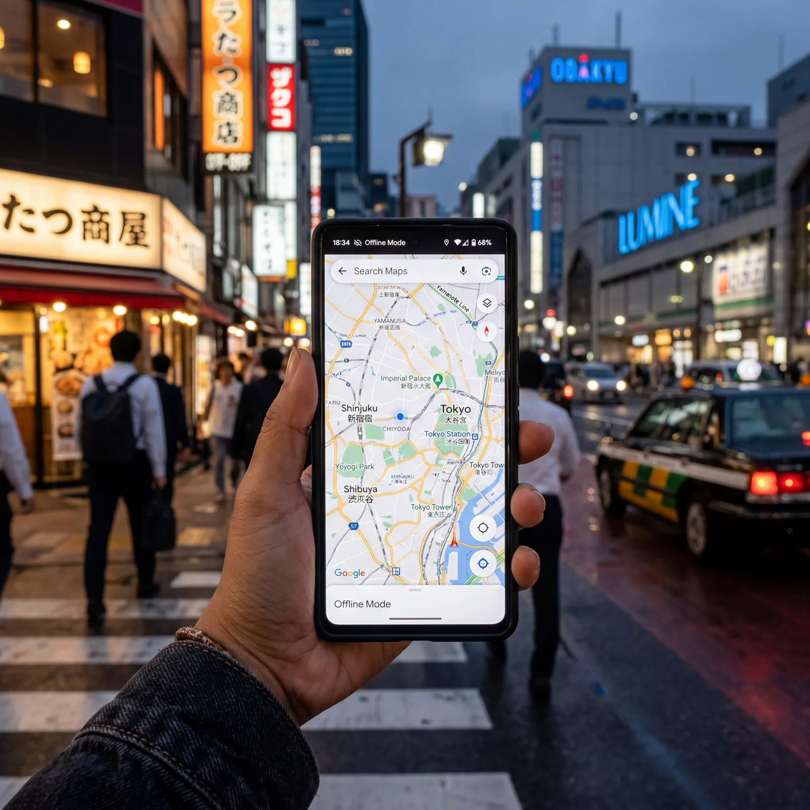 Smartphone displaying an offline Google Maps map of Tokyo city center with no data connection, traveler's hand holding phone on street, photorealistic, editorial travel photography, no text, no watermark, 16:9