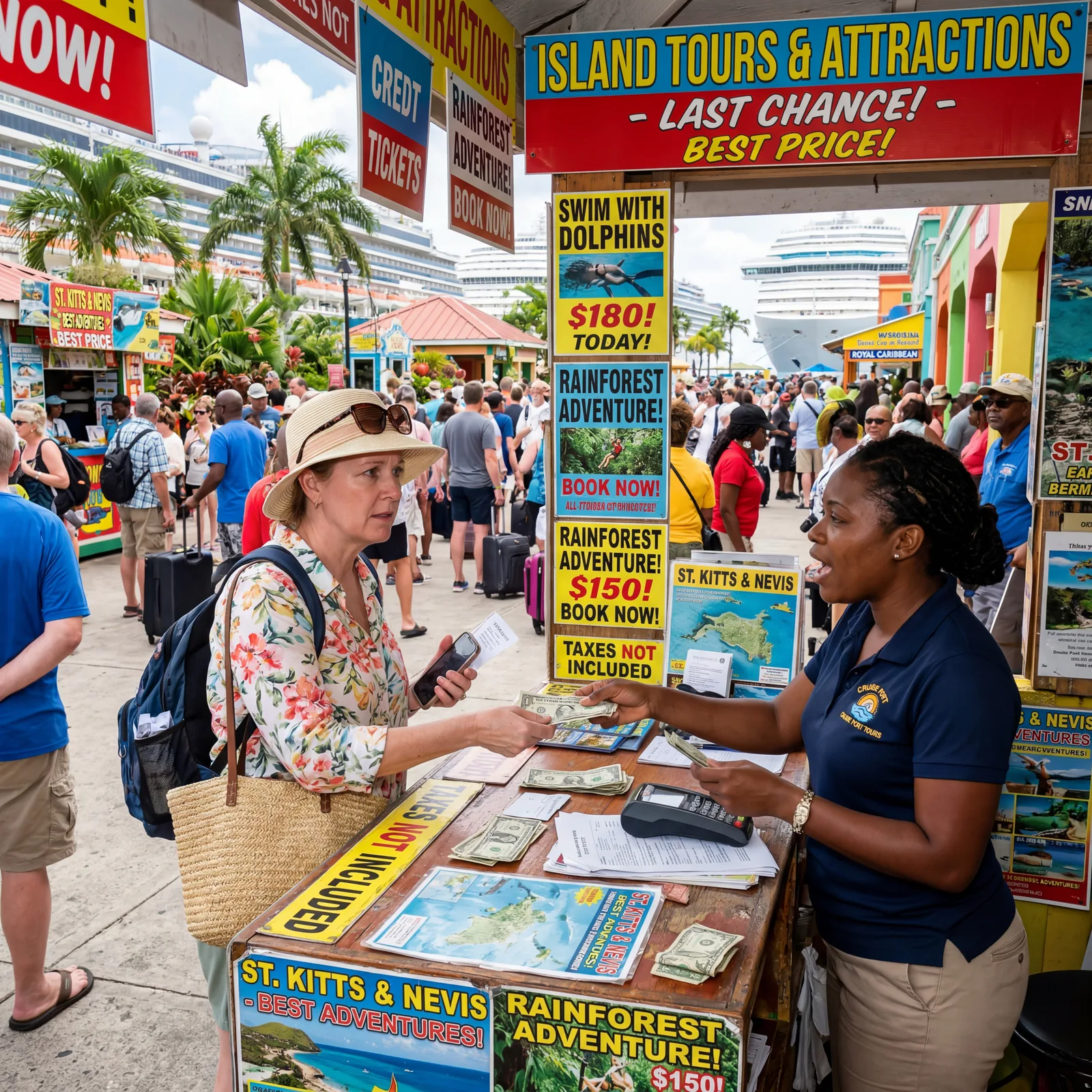 Tourist buying overpriced attraction tickets at a booth inside a cruise port complex in the Caribbean, tourist trap aesthetic, loud signage, editorial travel photography, photorealistic, no text, no watermark, 16:9
