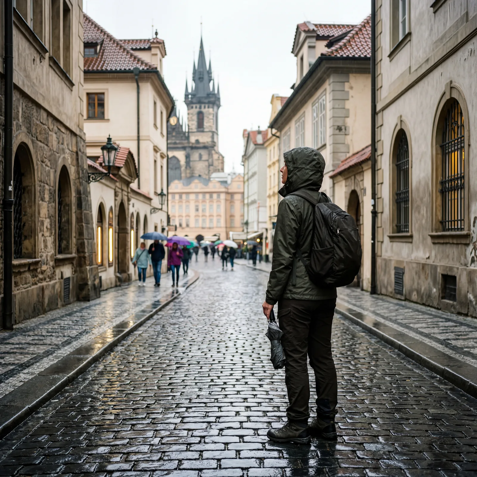Traveler in a compact packable rain jacket standing on a cobblestone street in a rainy European city, photorealistic, no text, no watermark, 16:9