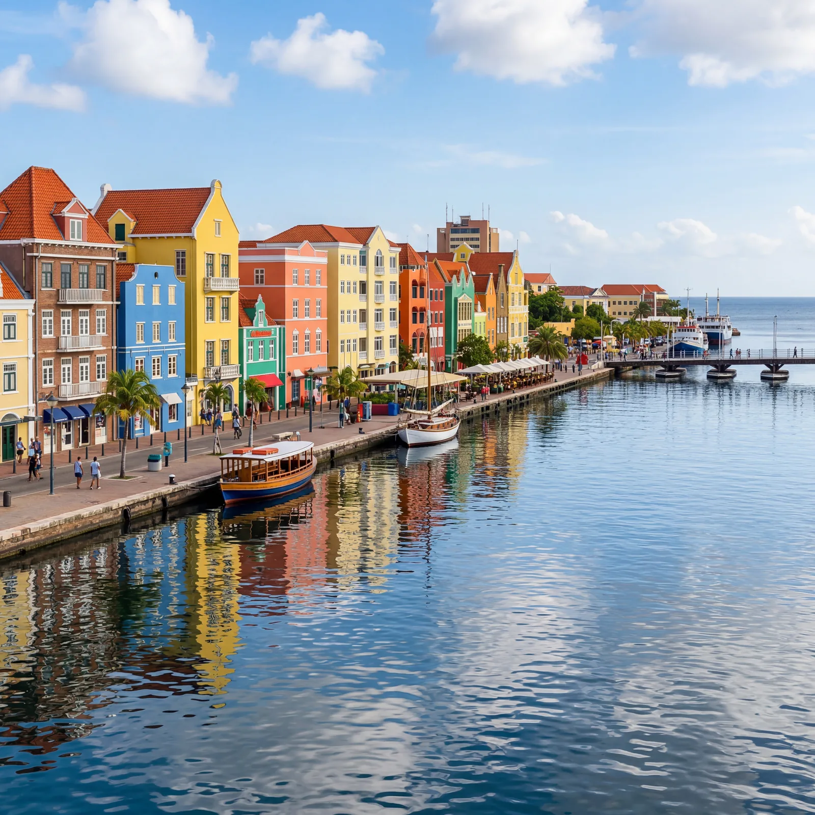 Willemstad Curaçao colorful Dutch colonial waterfront buildings reflecting in harbor water, photorealistic, no text, no watermark, 16:9