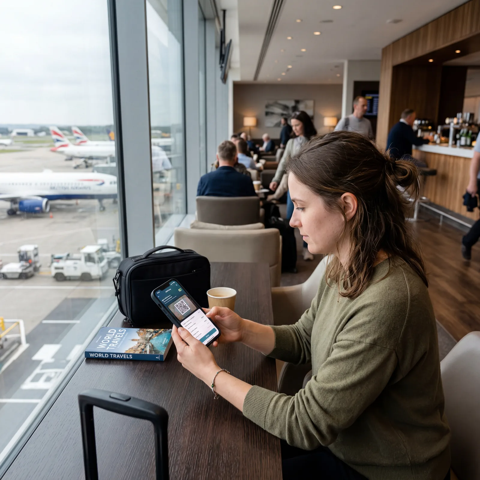 A person setting up an eSIM on their smartphone in an airport lounge, digital interface visible on screen, photorealistic, no text, no watermark, 16:9