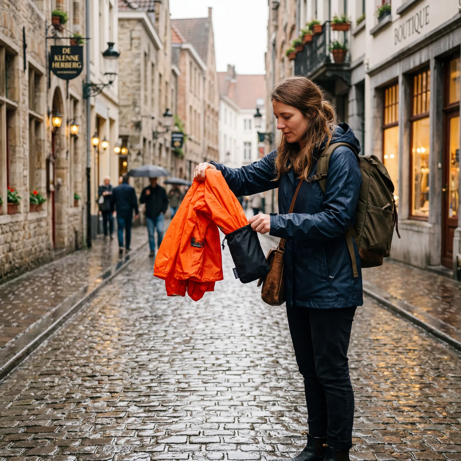 A traveler pulling a bright packable rain jacket out of a small pouch on a cobblestone European street in the rain, photorealistic, warm editorial travel photography, no text, no watermark, 16:9
