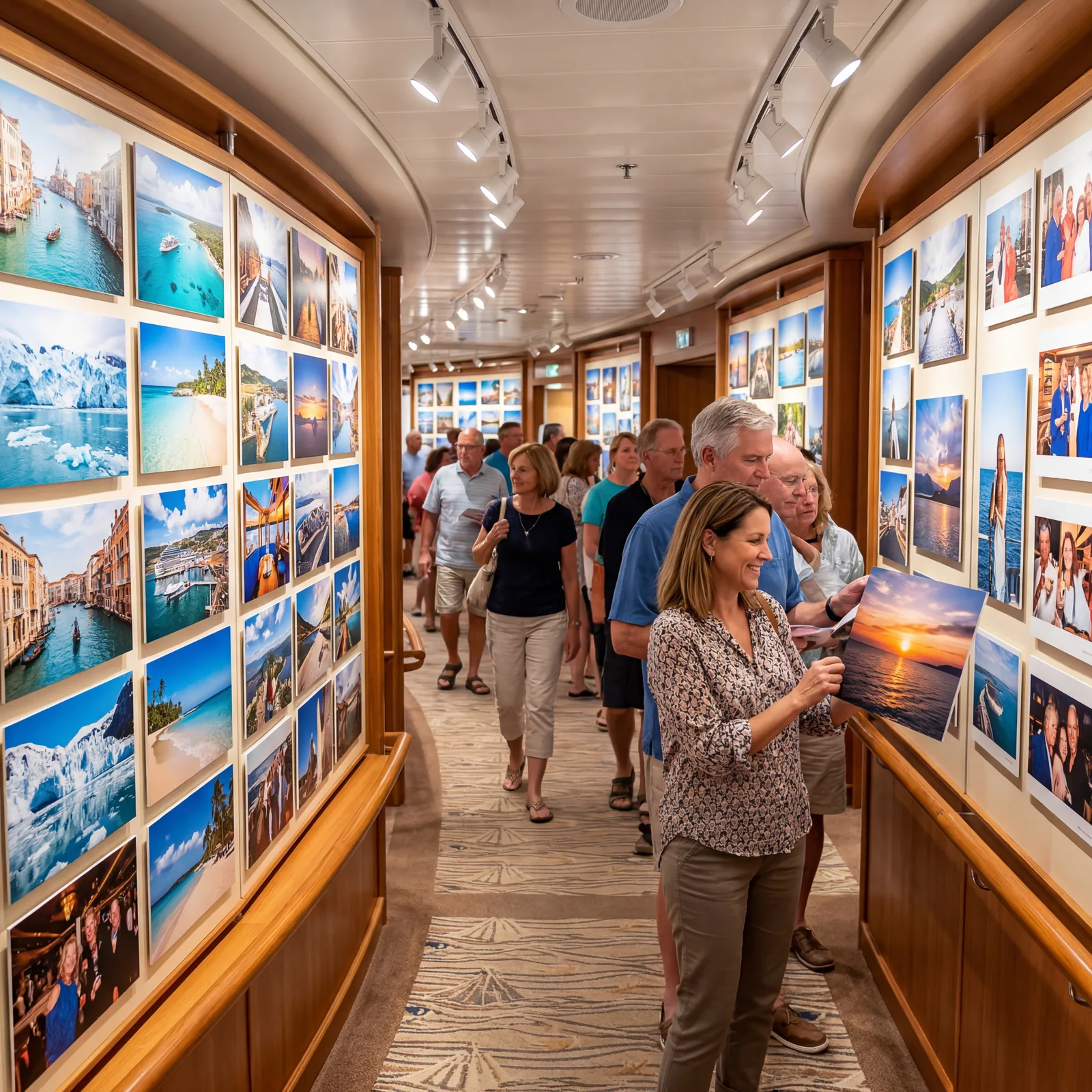 Cruise ship photo gallery with large printed photos on display and passengers browsing them, bright studio lighting, travel photography, photorealistic, no text, no watermark, 16:9