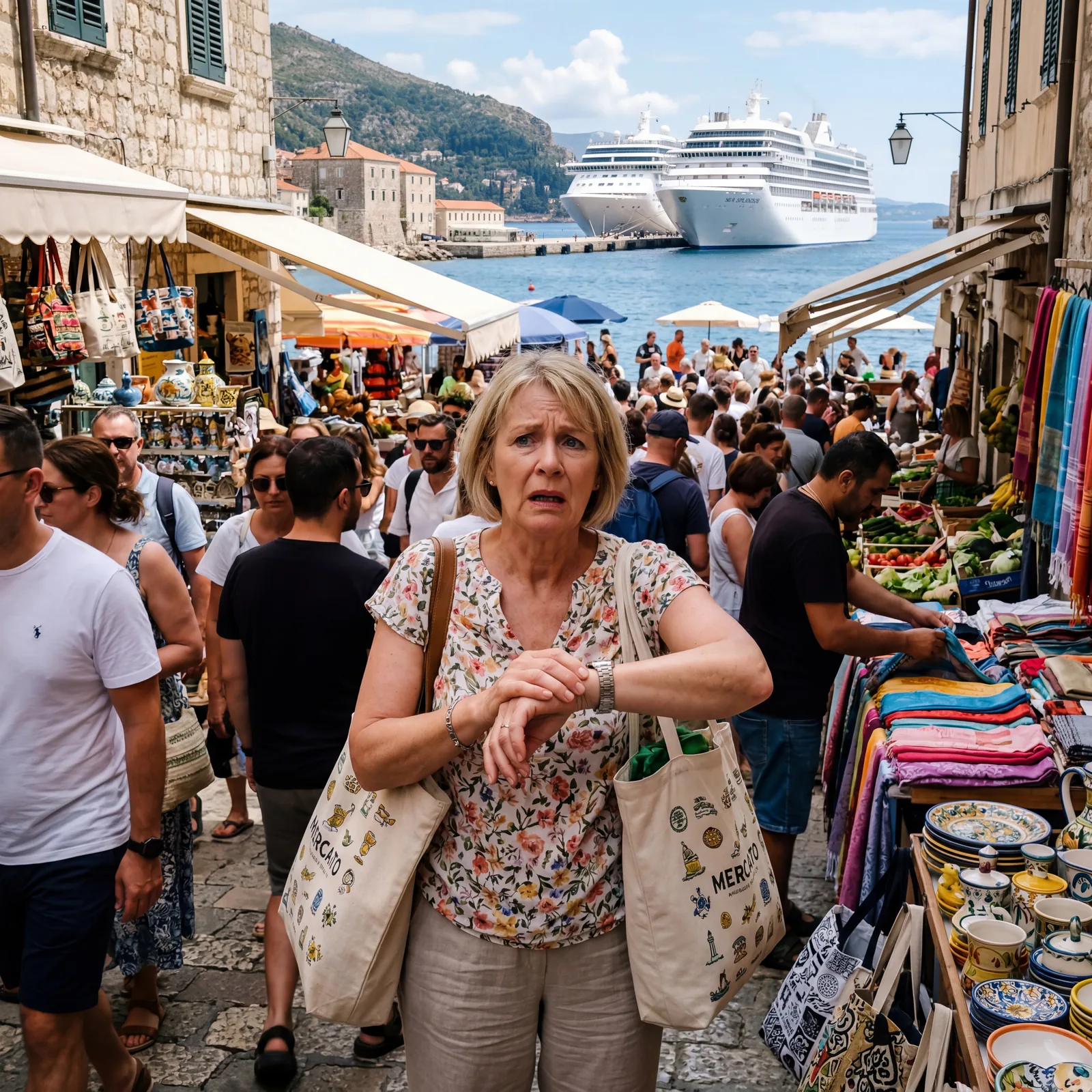 Cruise tourist looking panicked at their watch while browsing a busy open-air market in a Mediterranean port, ships visible in background, photorealistic, editorial travel photography, no text, no watermark, 16:9