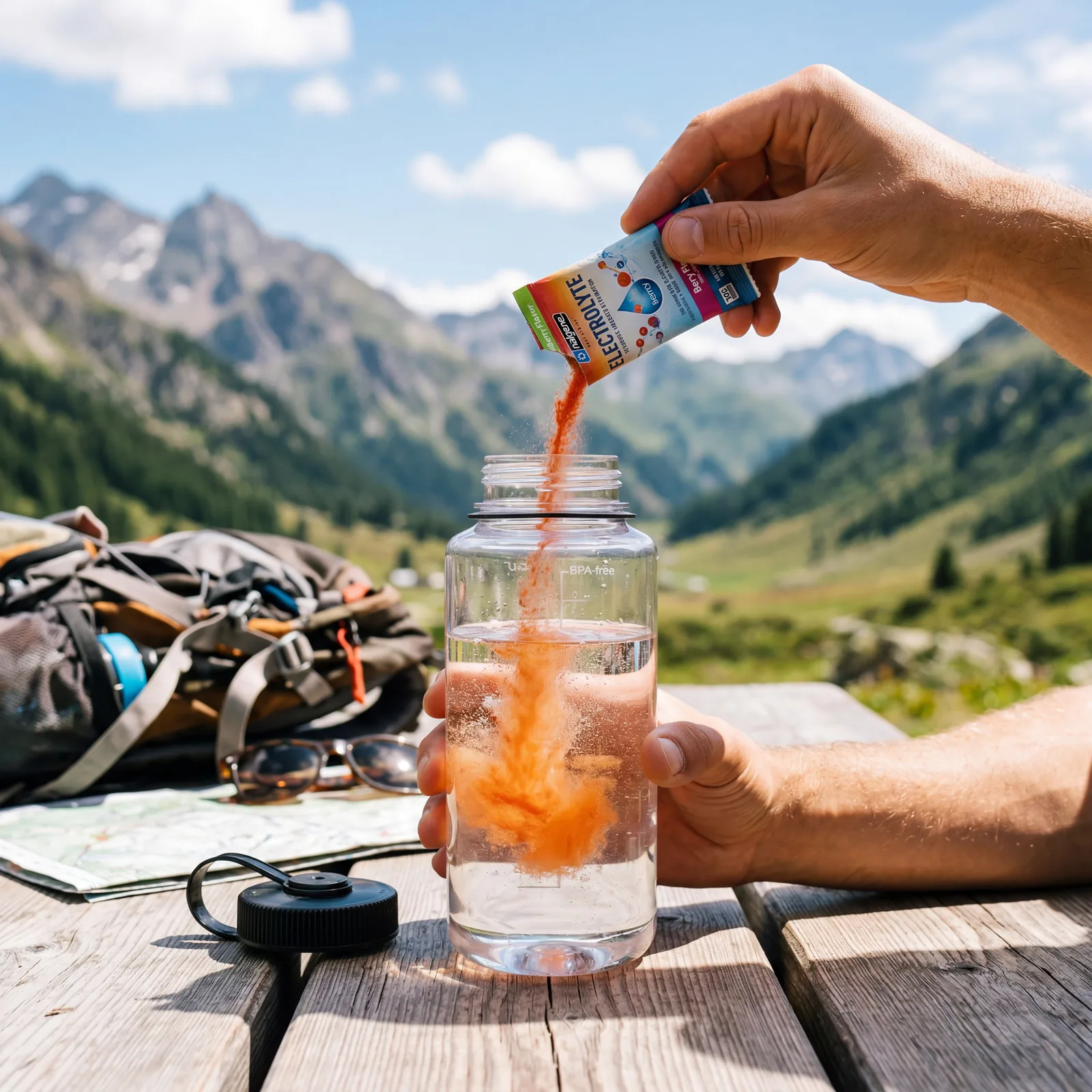 Electrolyte powder packet dissolving in a clear water bottle, bright sunny outdoor travel setting, photorealistic, no text, no watermark, 16:9