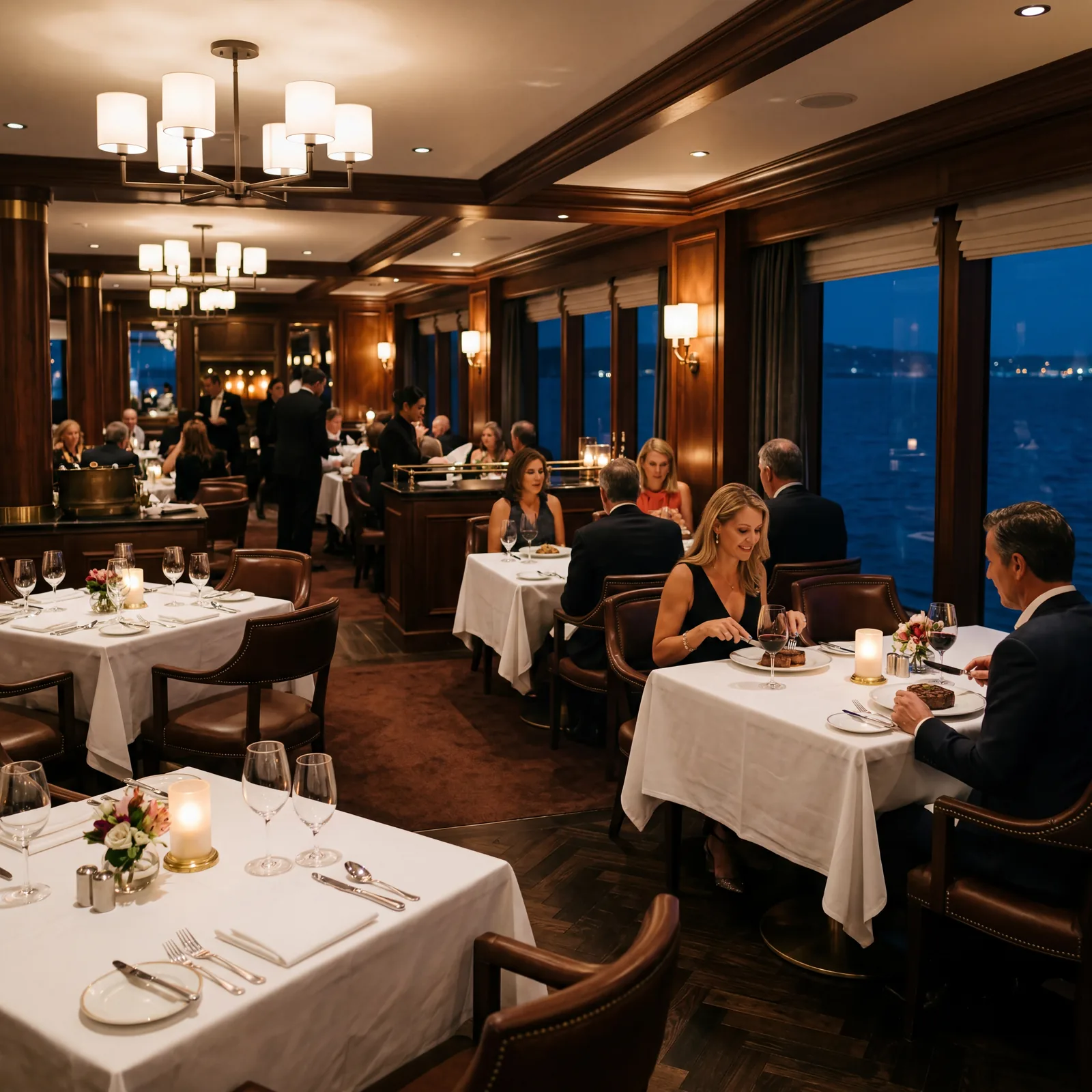 elegant cruise ship specialty steakhouse restaurant interior with white tablecloths, mood lighting, editorial travel photography, no text, no watermark, 16:9