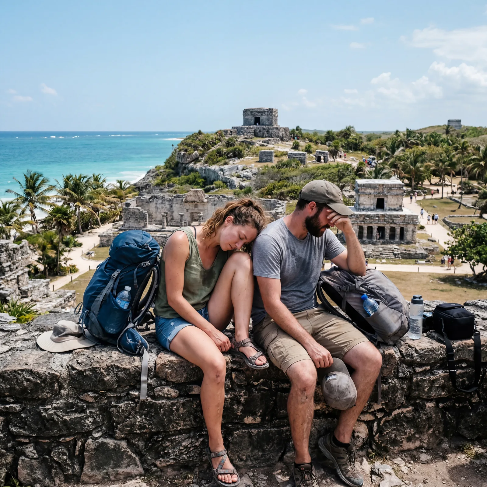 Exhausted tourist couple resting on a stone wall at Tulum ruins in Mexico, midday sun, large archaeological site stretching behind them, editorial travel photography, photorealistic, no text, no watermark, 16:9