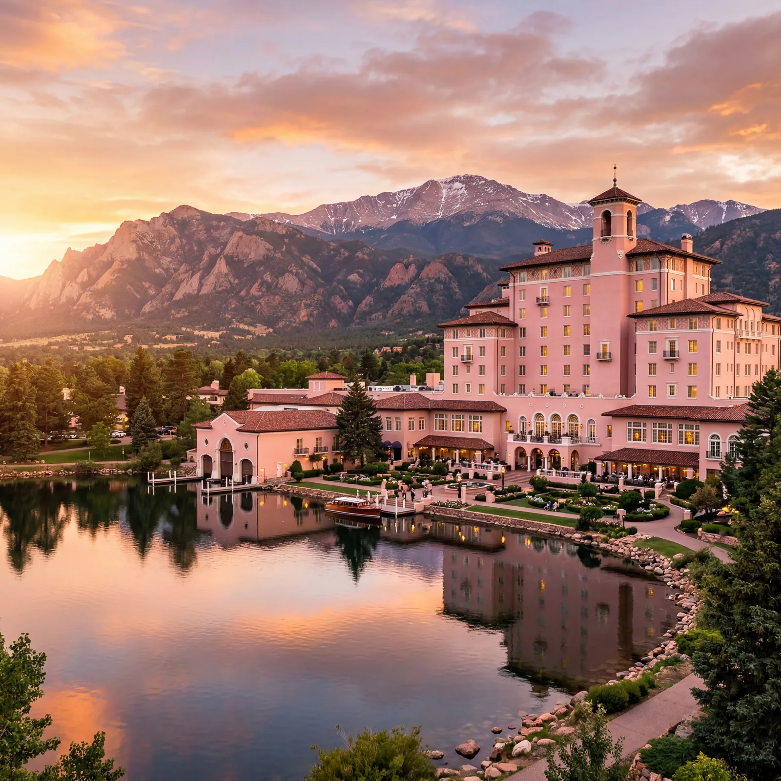 Grand pink Italianate resort hotel beside a still mountain lake in Colorado Springs at golden hour with Rockies behind, warm editorial travel photography, photorealistic, no text, no watermark, 16:9