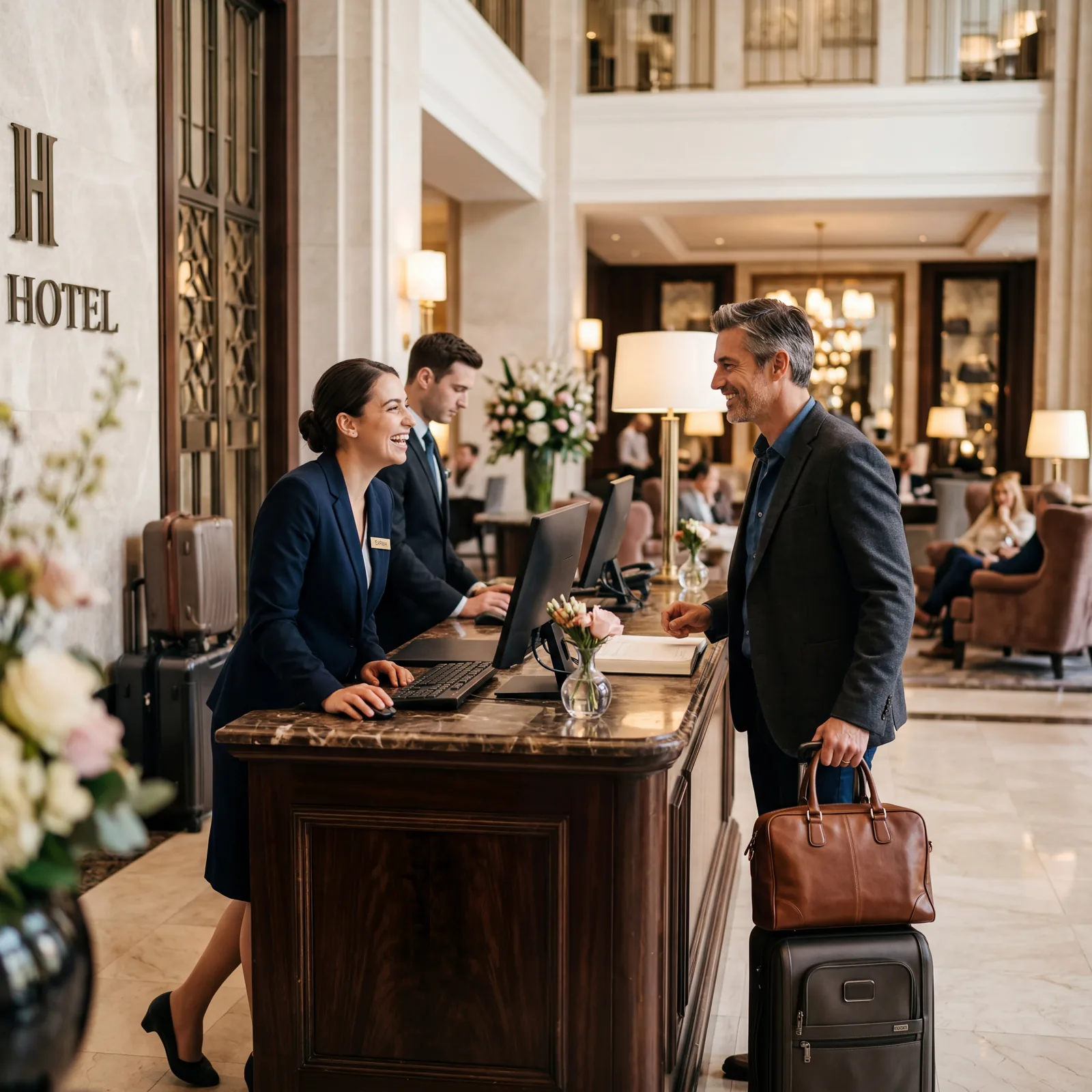 Hotel front desk, staff recognizing a returning guest with warm smile, upscale hotel lobby, professional setting, warm editorial travel photography, photorealistic, no text, no watermark, 16:9