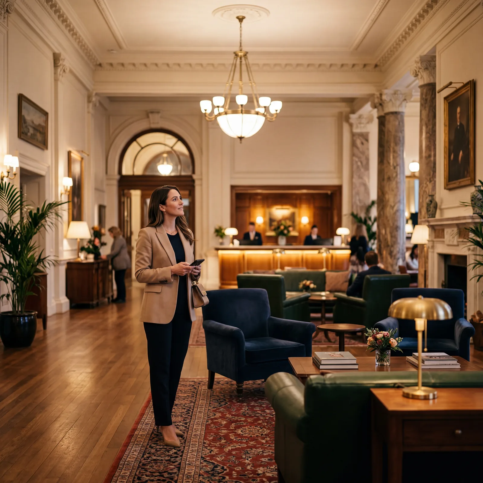Hotel lobby interior, elegant seating area, guest pausing to look around and take in the space, warm ambient lighting, editorial photography, photorealistic, no text, no watermark, 16:9