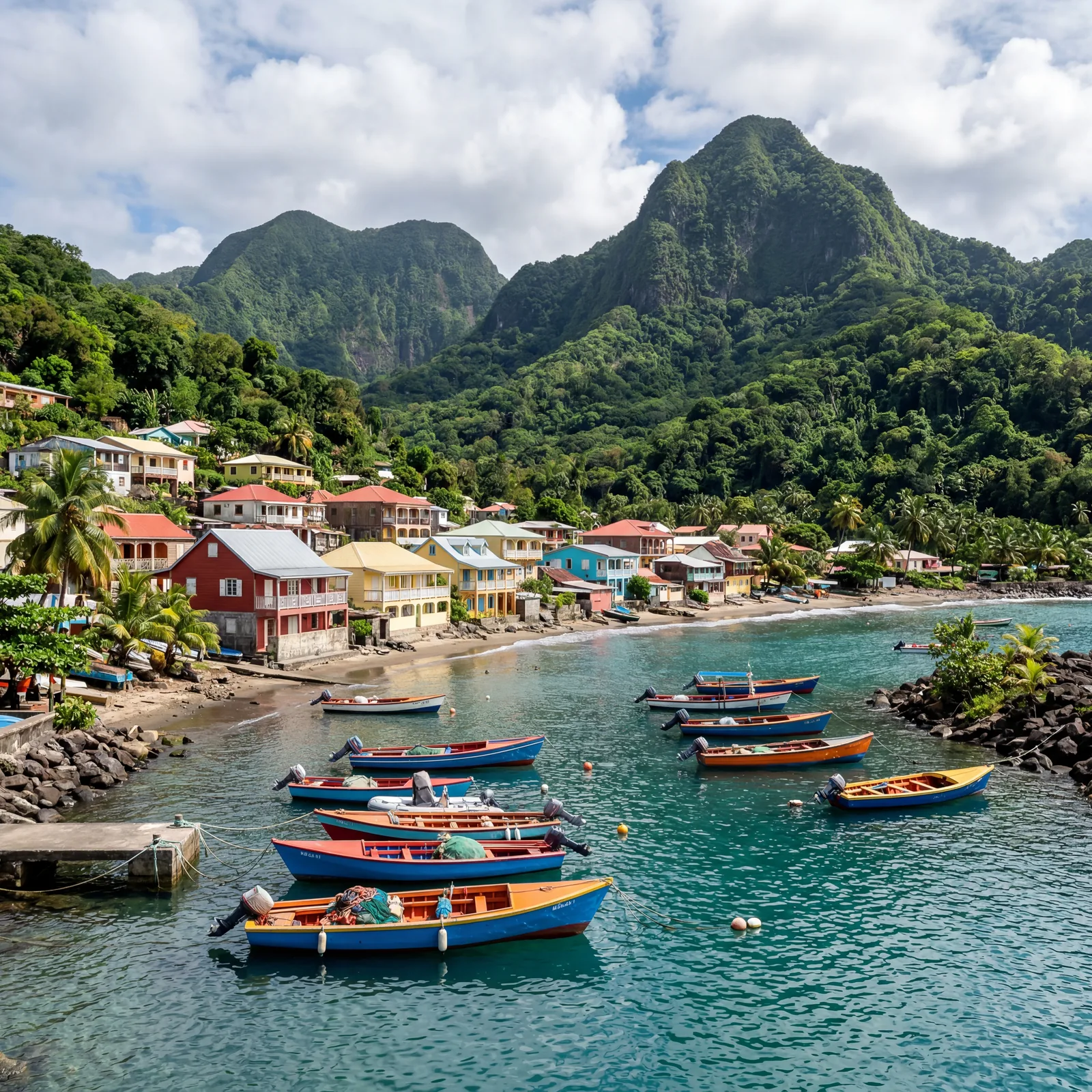 Martinique French Caribbean coastal village with colorful fishing boats, lush green mountains background, photorealistic, no text, no watermark, 16:9