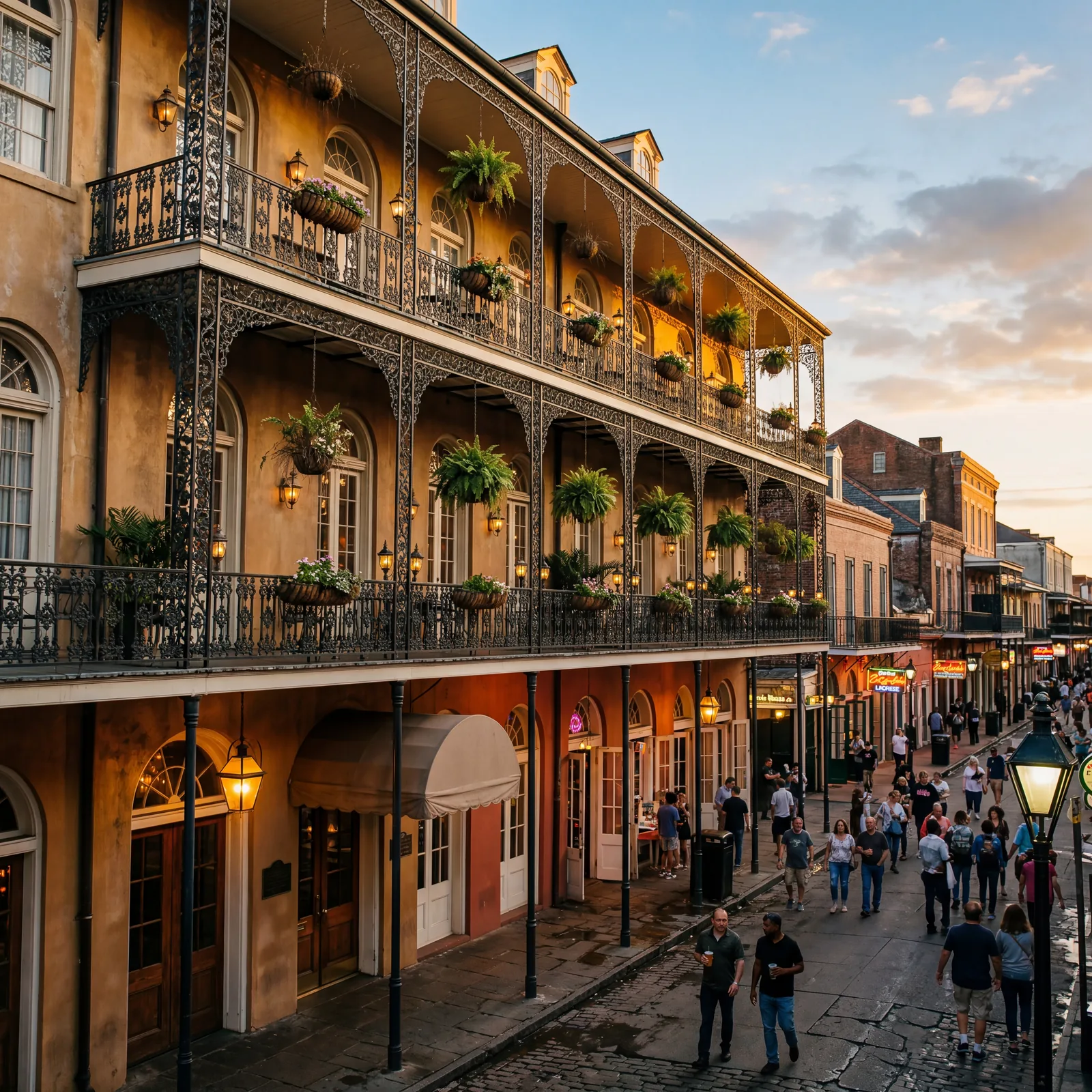 Ornate French Quarter hotel exterior in New Orleans with wrought iron balconies, soft evening light, Bourbon Street below, warm editorial travel photography, golden hour, photorealistic, no text, no watermark, 16:9