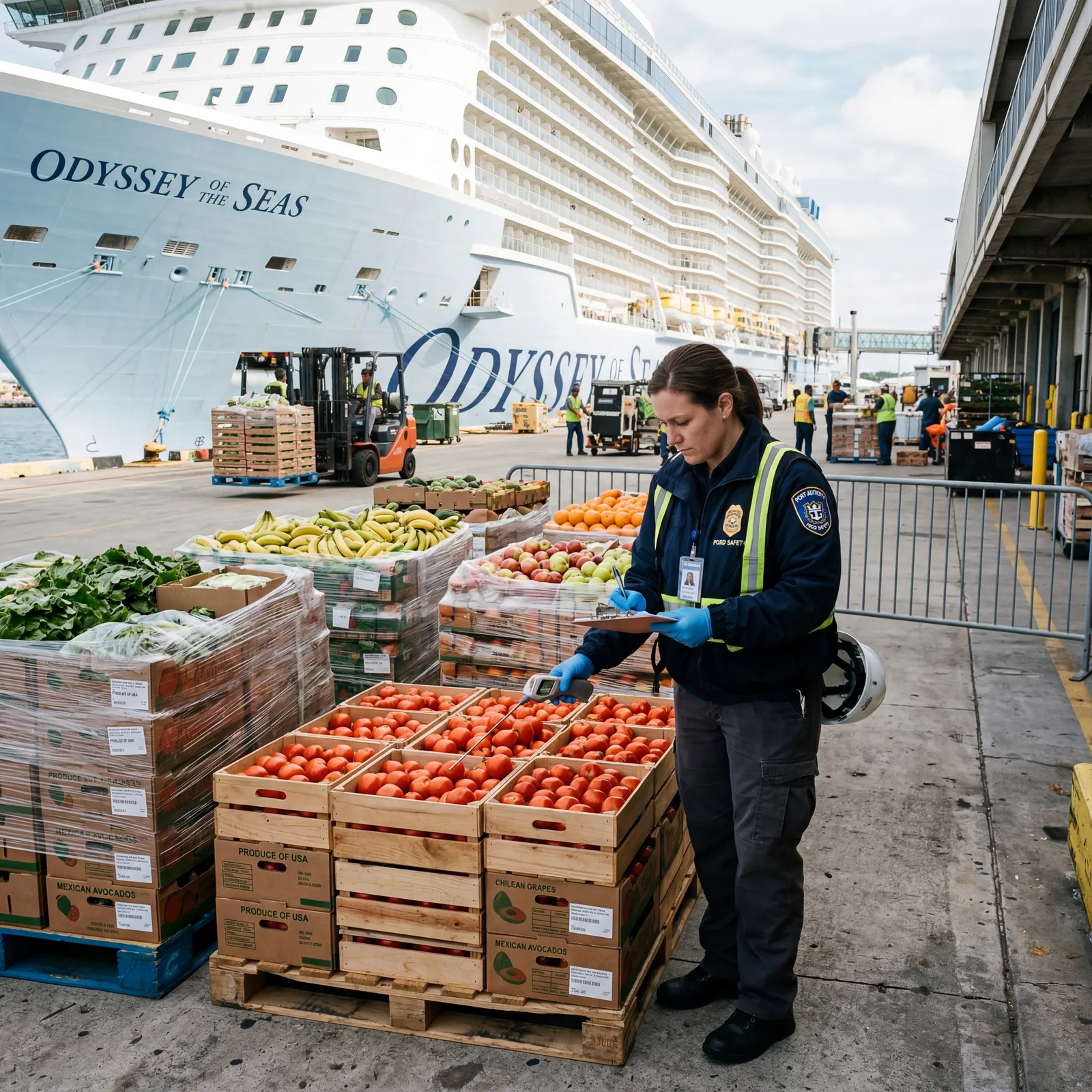 Port authority food safety inspector examining fresh produce pallets dockside before cruise ship loading, photorealistic, documentary style, no text, no watermark, 16:9