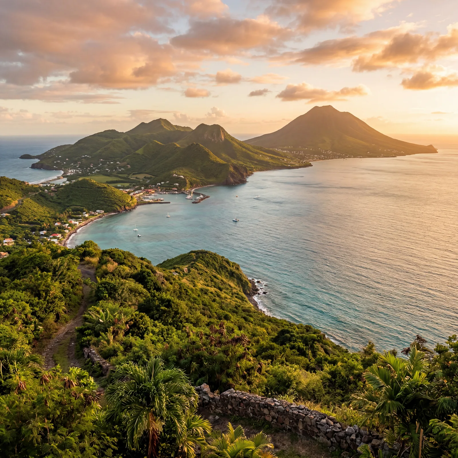 St Kitts Nevis twin island view from hillside with green volcanic peaks and Caribbean Sea, photorealistic, warm editorial travel photography, golden hour, no text, no watermark, 16:9