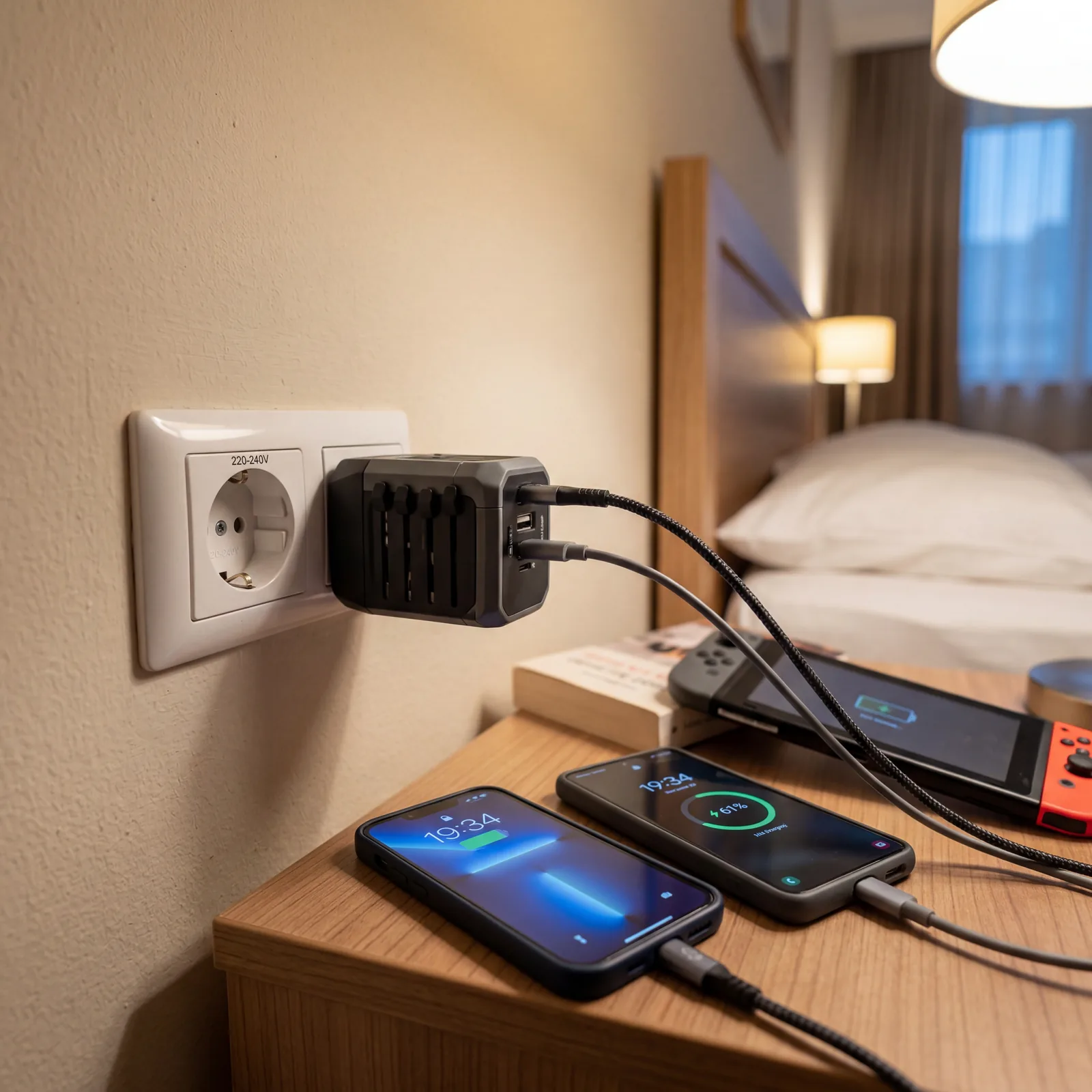 A compact universal travel adapter with USB ports plugged into a European outlet, multiple devices charging, photorealistic, no text, no watermark, 16:9