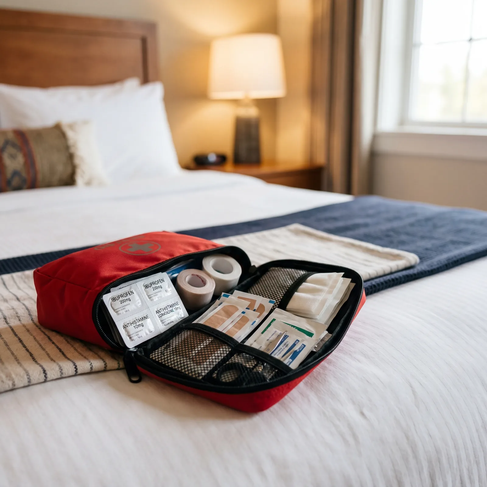 A compact zippered travel first aid kit open on a hotel bed with bandages, ibuprofen, and antihistamine packets visible, photorealistic, warm editorial photography, no text, no watermark, 16:9