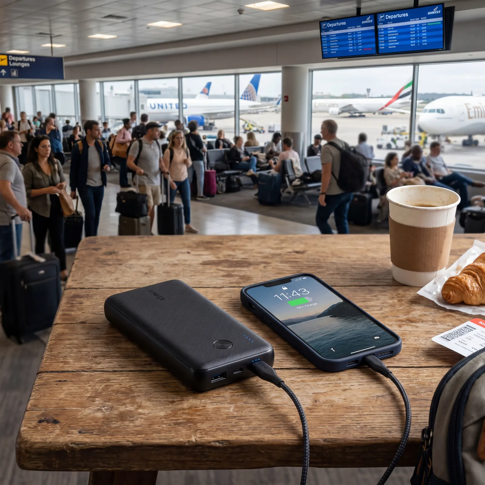 Black portable power bank charging a smartphone on a wooden table at a busy airport lounge, photorealistic, no text, no watermark, 16:9