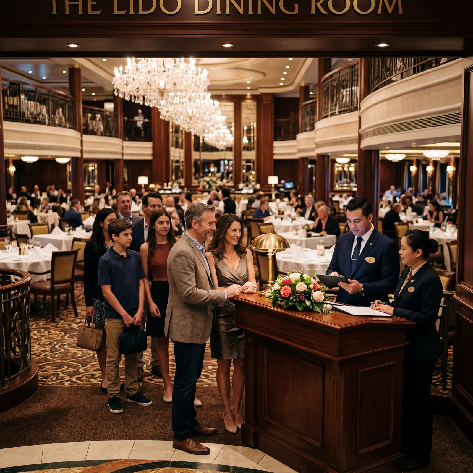 Cruise ship main dining room host stand with passengers waiting to be seated, elegant interior, warm lighting, travel photography, photorealistic, no text, no watermark, 16:9