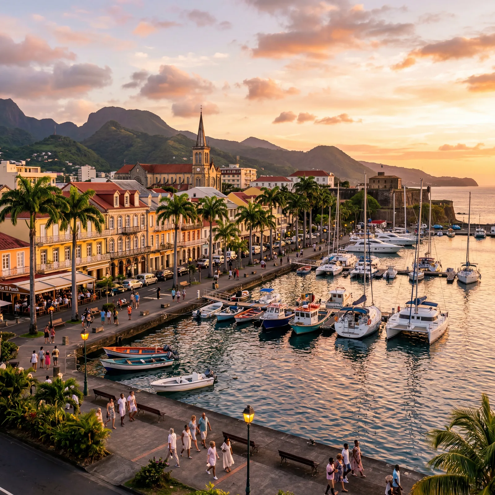 Fort-de-France Martinique harbor with French colonial buildings and palm trees, golden hour, photorealistic, warm editorial travel photography, no text, no watermark, 16:9