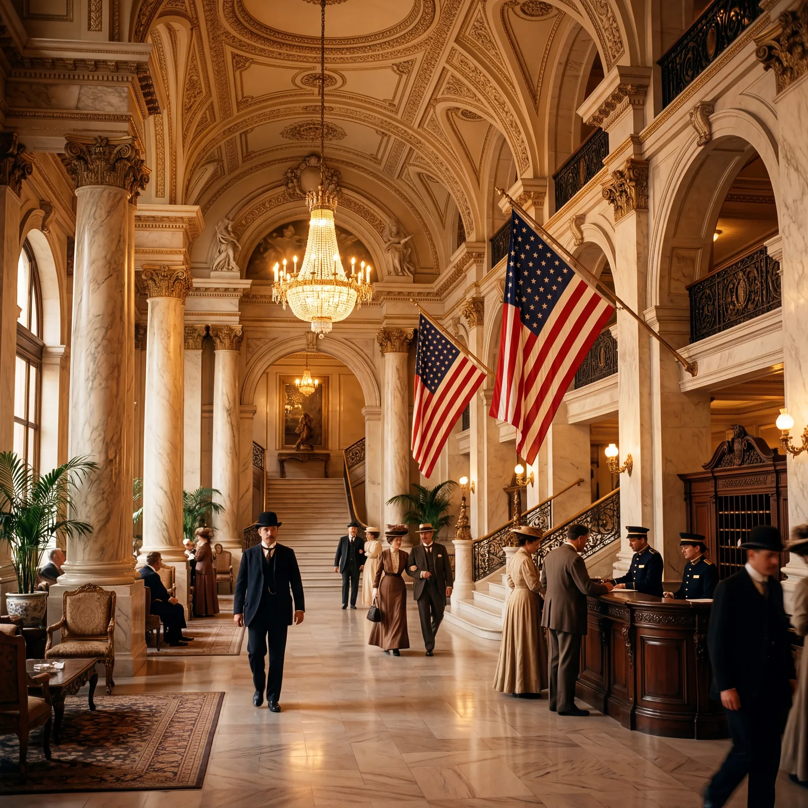 Historic 1901 Beaux-Arts hotel lobby in Washington DC with marble columns and classic American flags, warm editorial travel photography, golden hour, photorealistic, no text, no watermark, 16:9