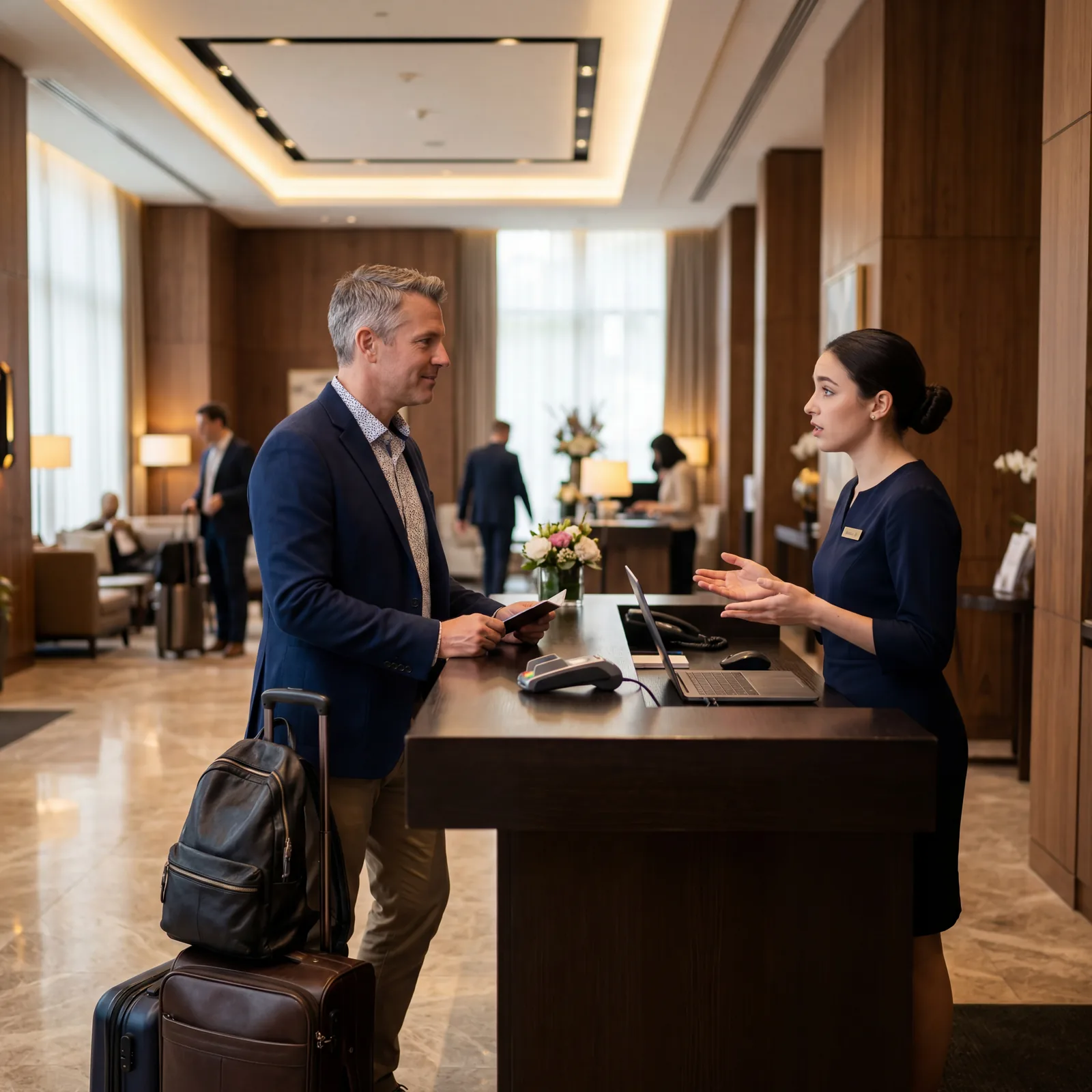 Hotel check-in scenario, calm American guest listening to staff explain a room issue, staff looking apologetic, professional lobby setting, warm editorial travel photography, photorealistic, no text, no watermark, 16:9