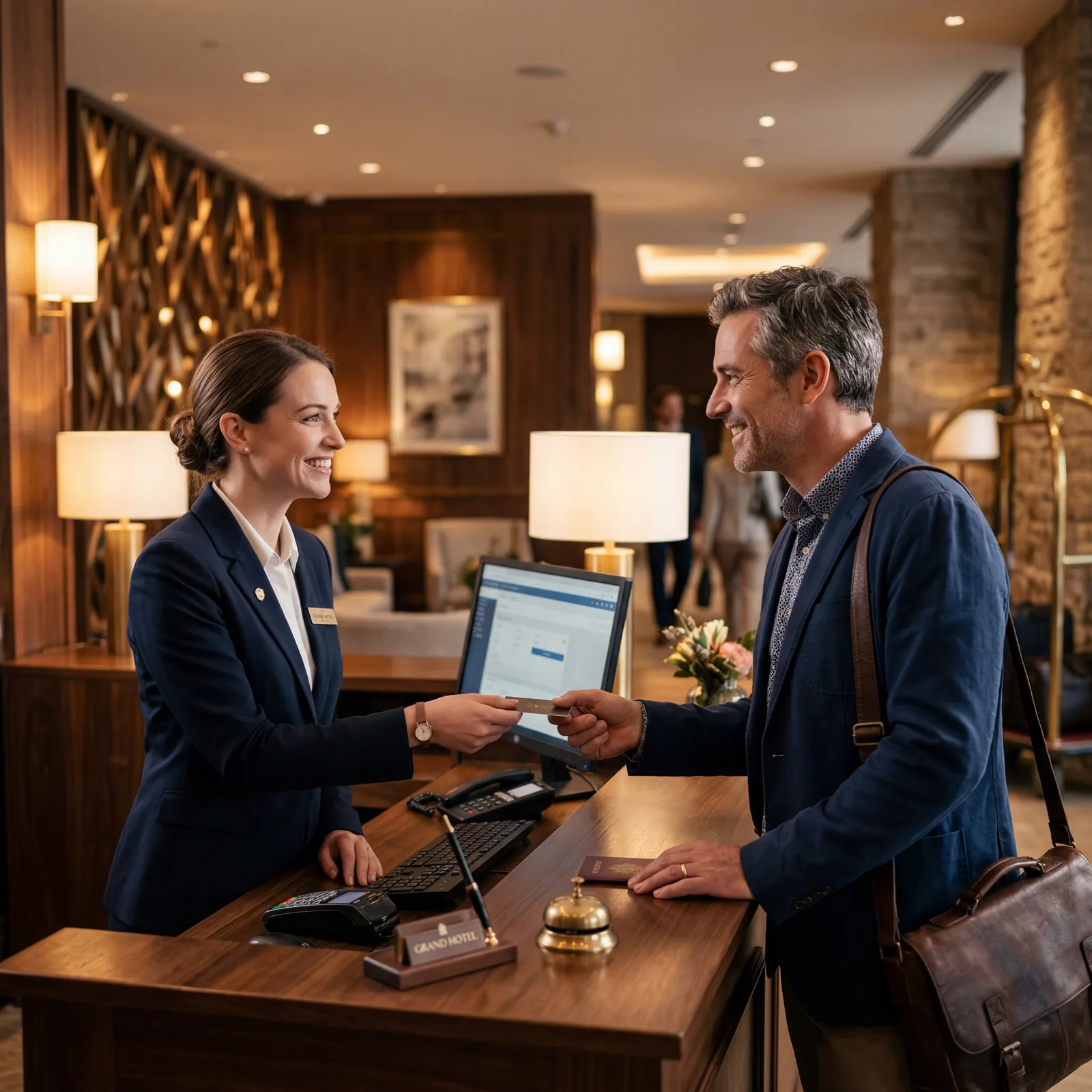 Hotel front desk, staff member and guest making eye contact and smiling during check-in, warm hotel interior lighting, editorial photography, photorealistic, no text, no watermark, 16:9