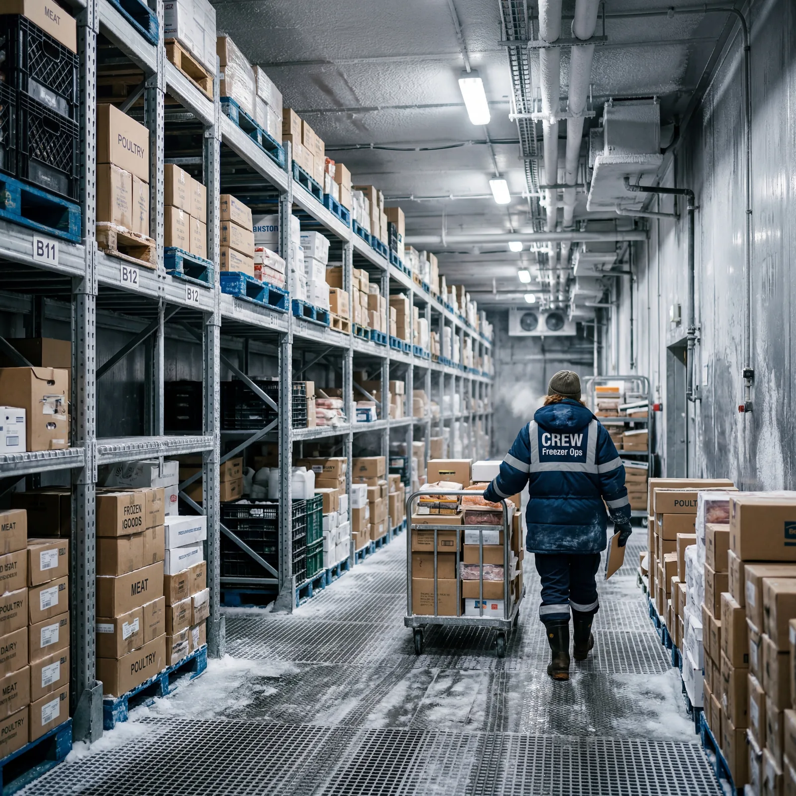 Massive cruise ship cold storage walk-in refrigerators below deck, crew member in coat navigating warehouse-sized freezer aisles, photorealistic, no text, no watermark, 16:9