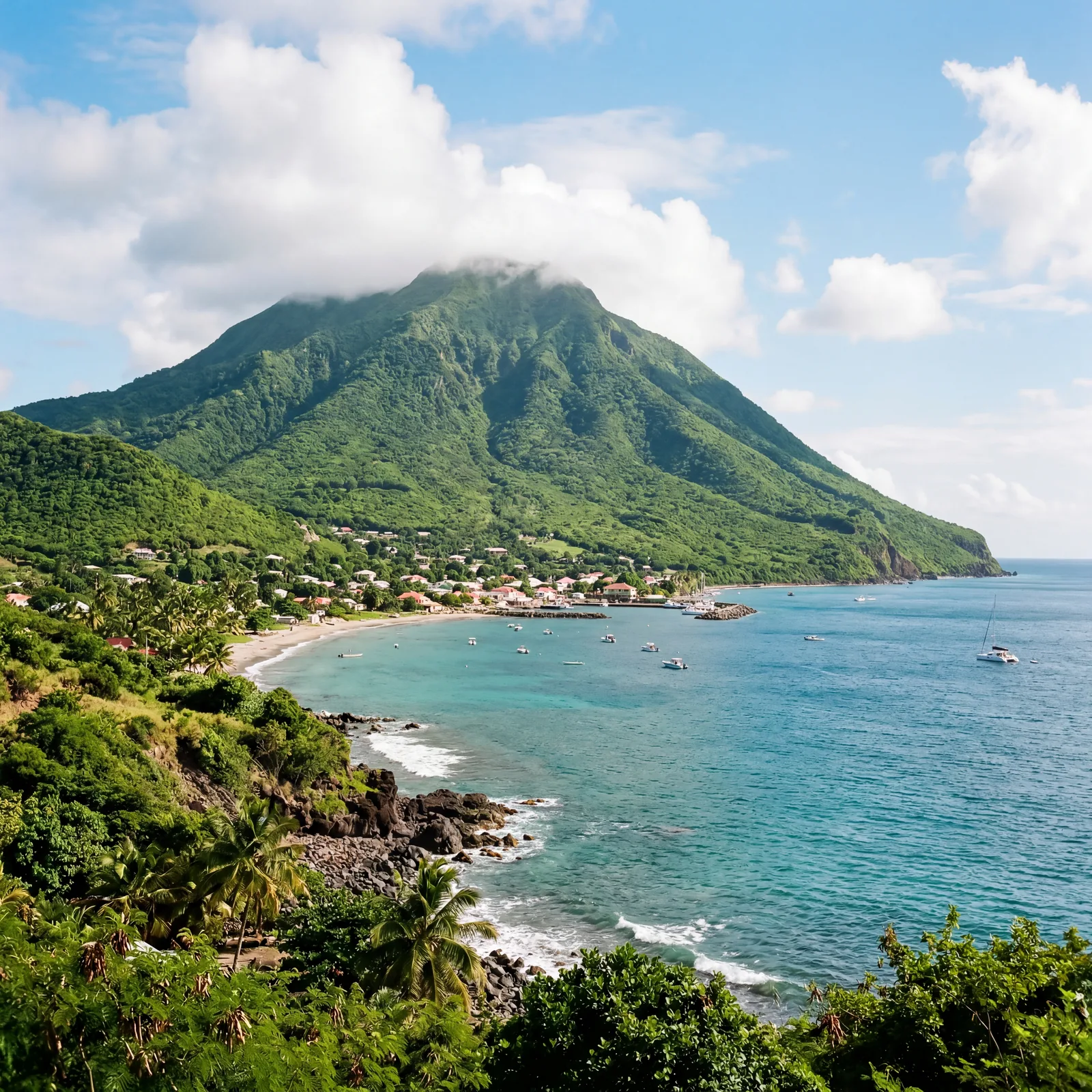 Nevis Peak volcanic mountain with lush green slopes and Caribbean Sea below, St Kitts and Nevis, photorealistic, no text, no watermark, 16:9