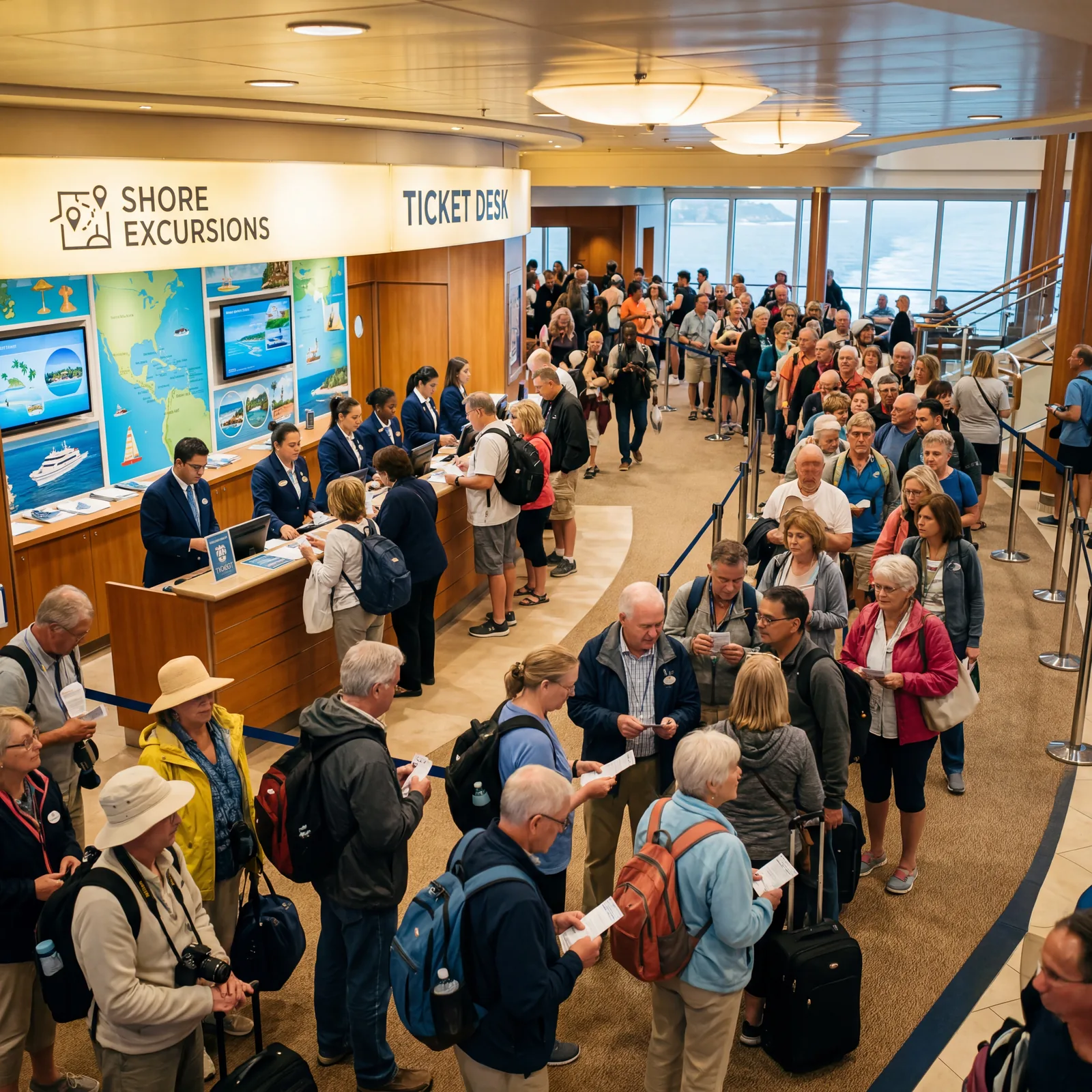 shore excursion ticket desk on a cruise ship with long queue of passengers, documentary travel photography, warm lighting, no text, no watermark, 16:9