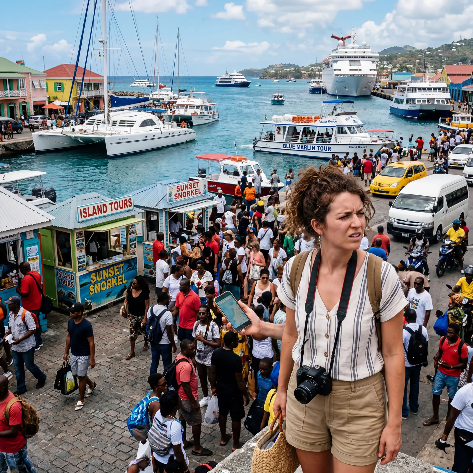 Tourist looking confused at a busy port with phone in hand, looking for a tour operator in a crowd, multiple boats and vehicles around, Caribbean port, editorial travel photography, photorealistic, no text, no watermark, 16:9