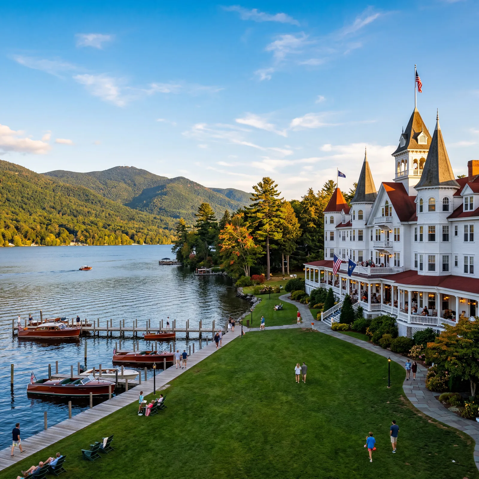 White Victorian resort hotel on the shore of Lake George in the Adirondacks New York, waterfront lawn and dock, blue sky, warm editorial travel photography, golden hour, photorealistic, no text, no watermark, 16:9