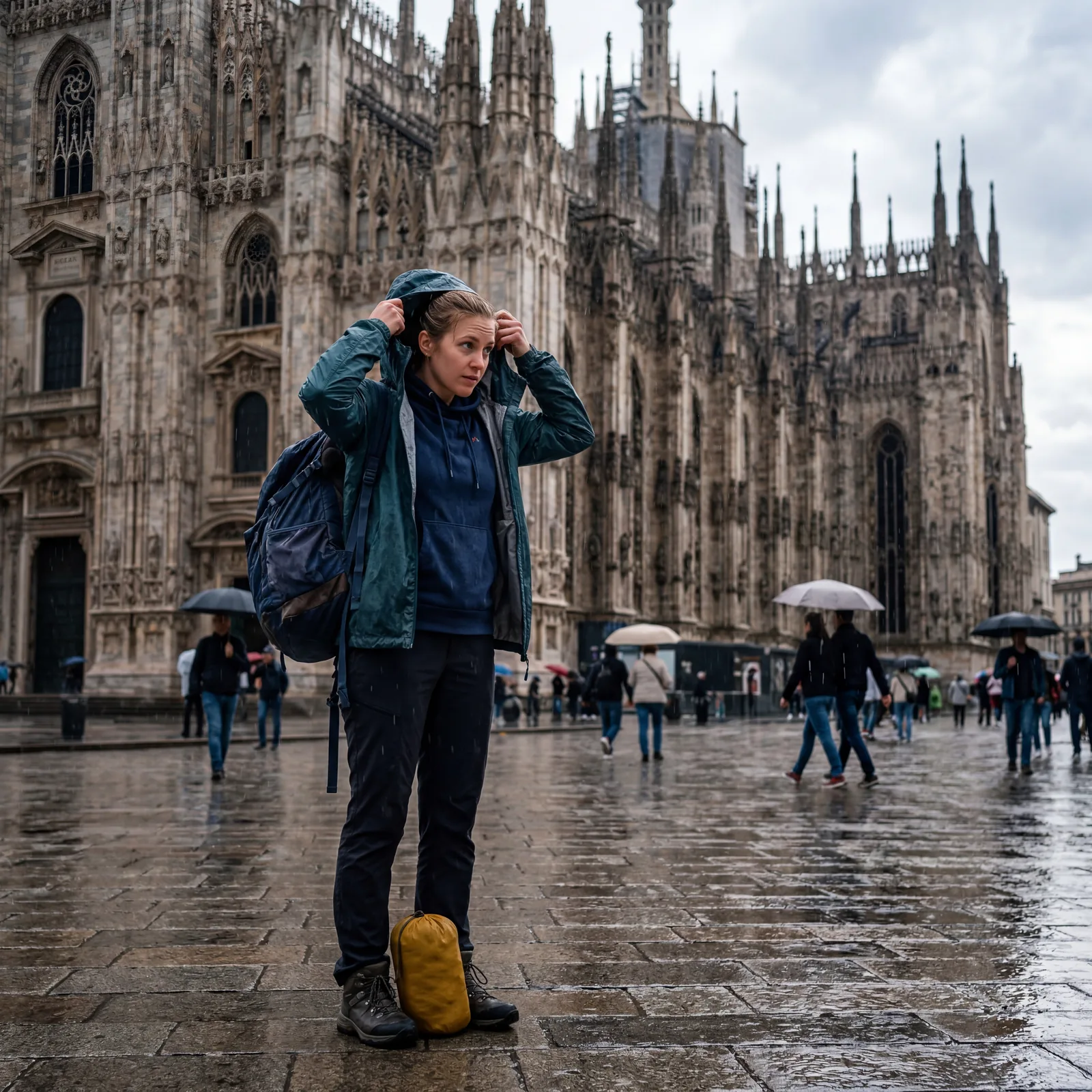 A traveler pulling on a lightweight packable rain jacket outside a European cathedral as rain begins to fall, photorealistic, no text, no watermark, 16:9