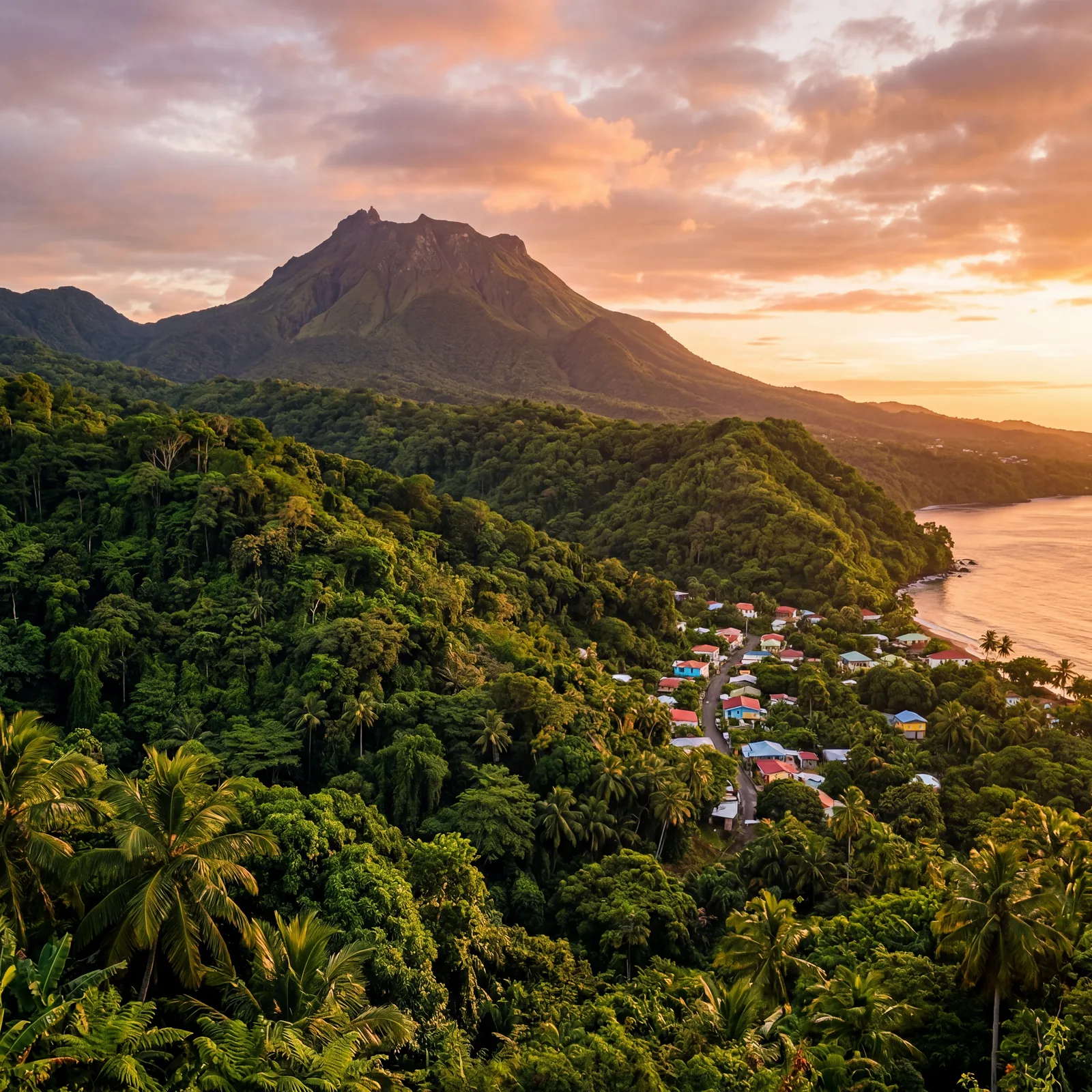 Basse-Terre Guadeloupe with volcanic peak and lush jungle, photorealistic, warm editorial travel photography, golden hour, no text, no watermark, 16:9