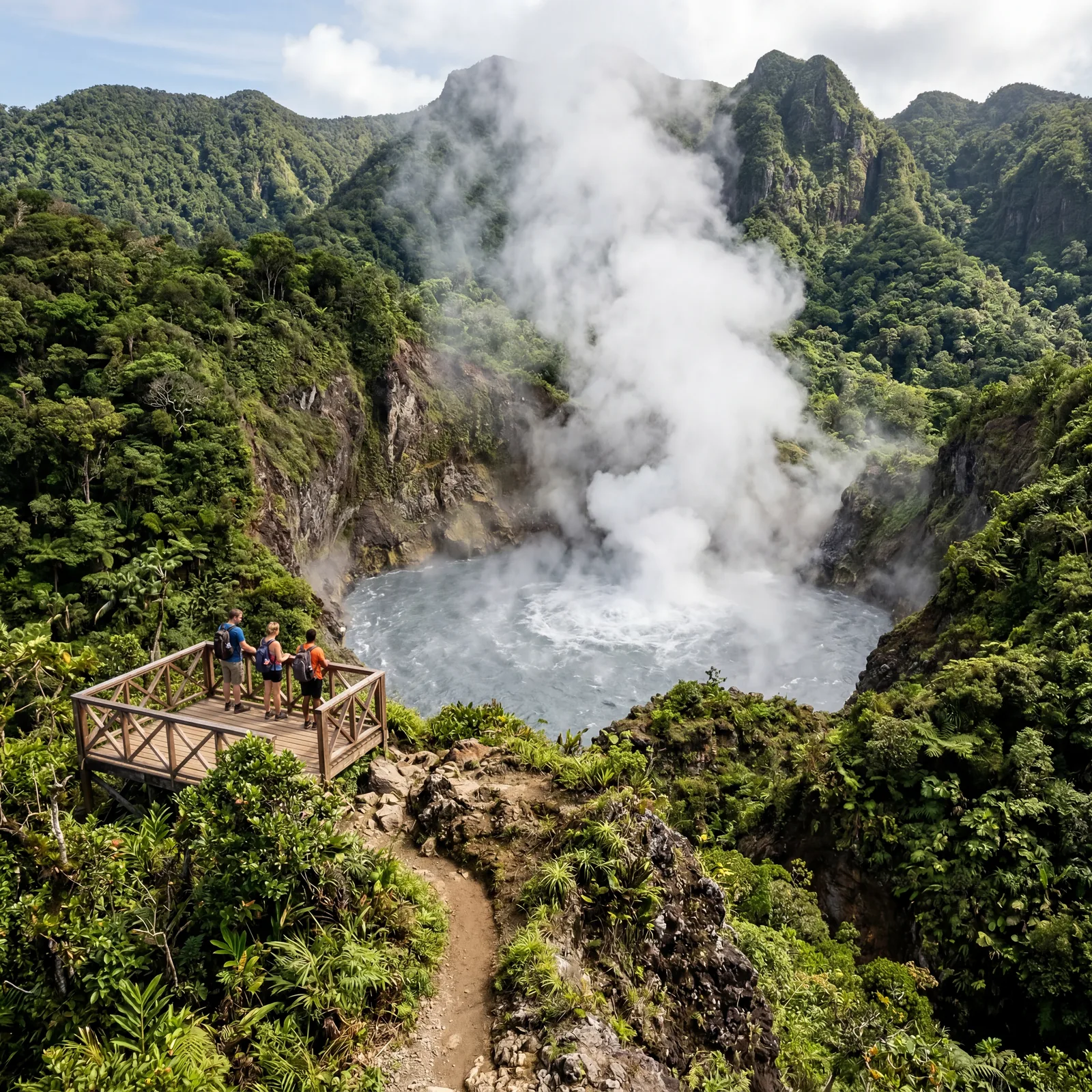 Boiling Lake Dominica volcanic landscape with steam rising, lush tropical rainforest, photorealistic, no text, no watermark, 16:9