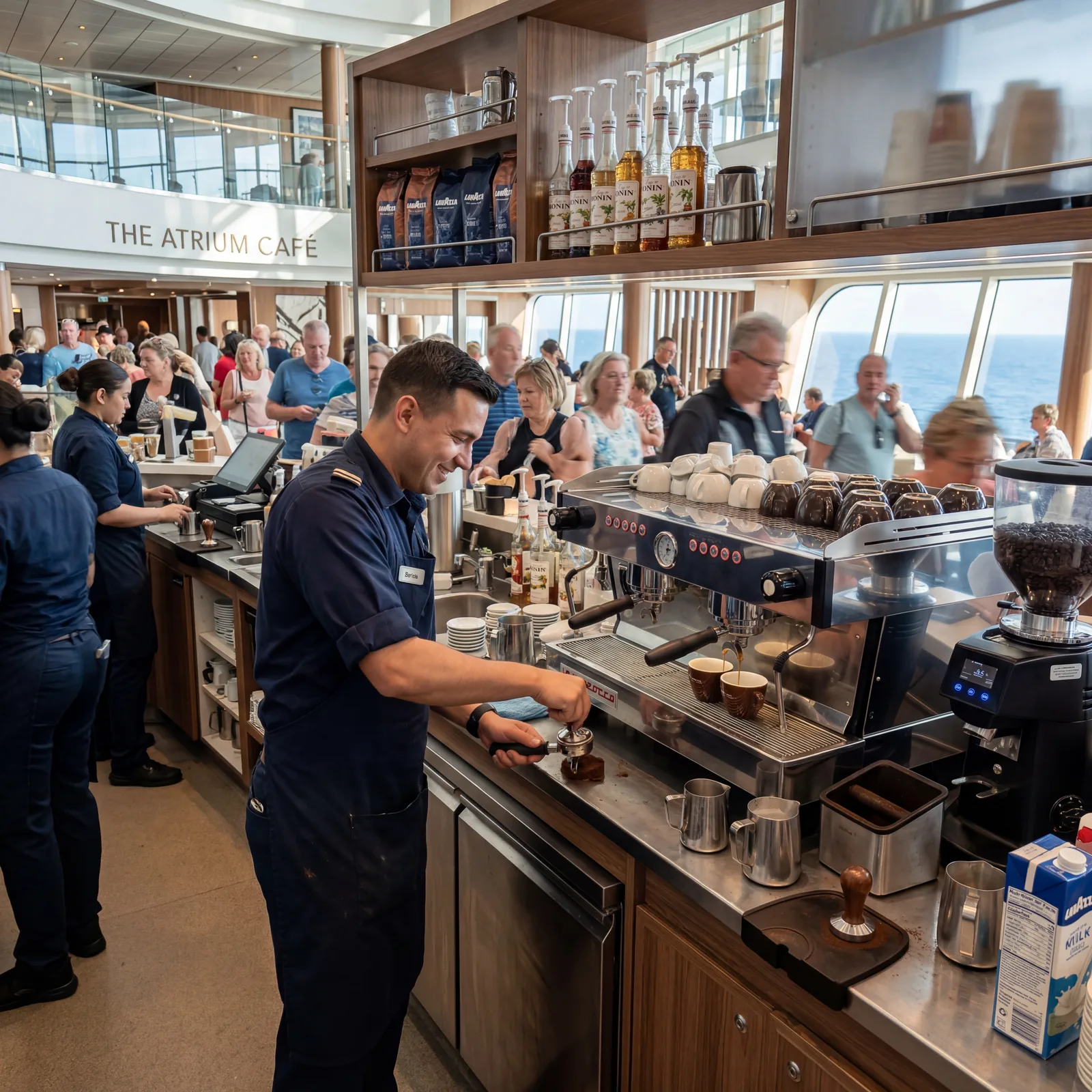 Cruise ship barista station with commercial espresso machines, crew member preparing drinks for morning rush, photorealistic, no text, no watermark, 16:9