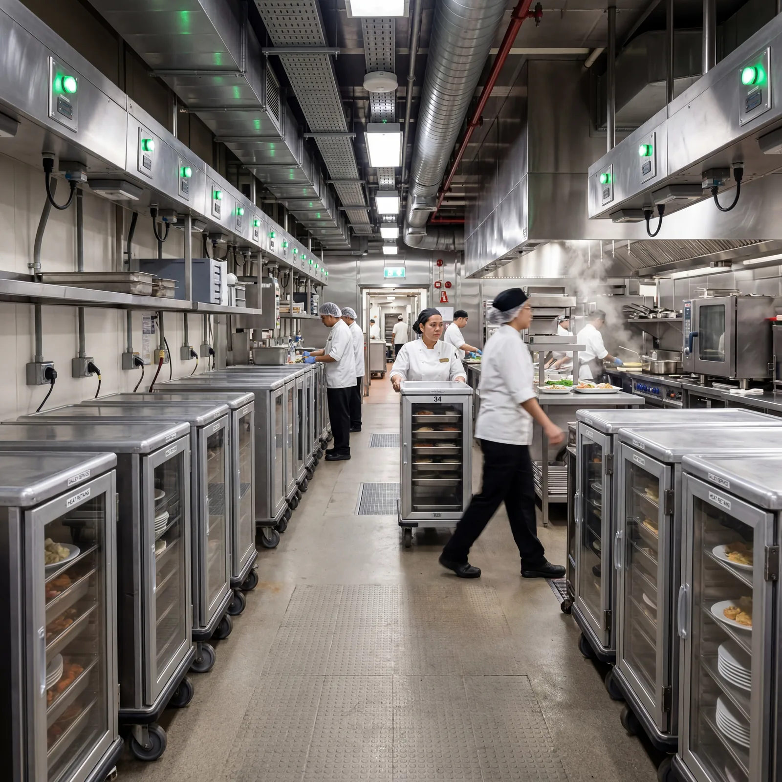 Cruise ship galley heat retention system, rows of insulated carts and food delivery infrastructure, service corridor, professional kitchen equipment, photorealistic, no text, no watermark, 16:9