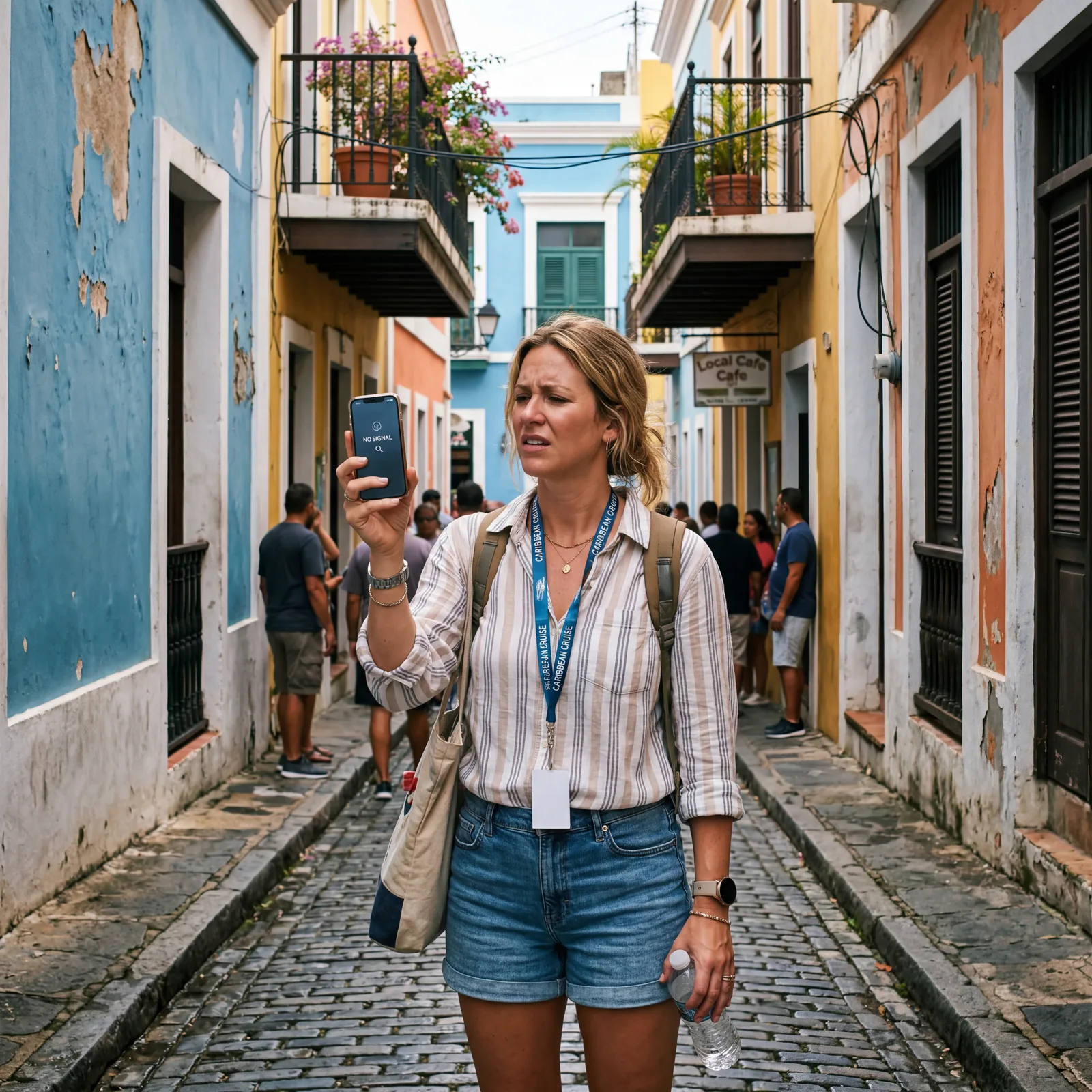 Cruise tourist holding their phone with no signal in a narrow alley of a Caribbean port town, looking lost, photorealistic, editorial travel photography, no text, no watermark, 16:9