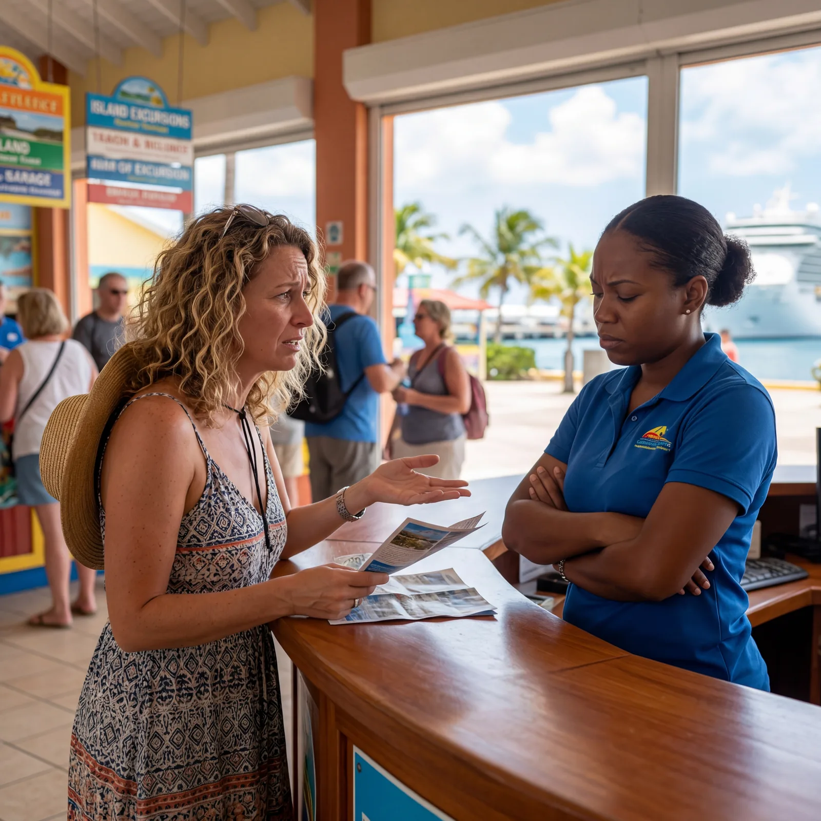 Disappointed tourist at a tour booking desk asking about a refund in a Caribbean port, customer service rep with arms crossed, editorial travel photography, photorealistic, no text, no watermark, 16:9