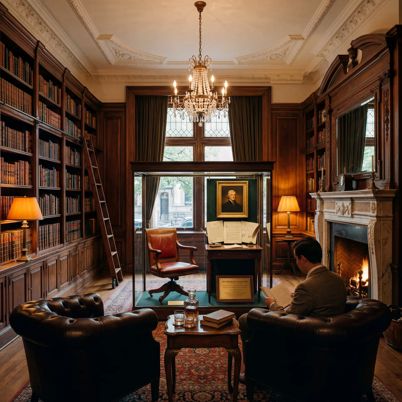 Elegant Beaux-Arts boutique hotel interior in Washington DC, intimate wood-paneled library with Thomas Jefferson artifacts, warm editorial travel photography, photorealistic, no text, no watermark, 16:9