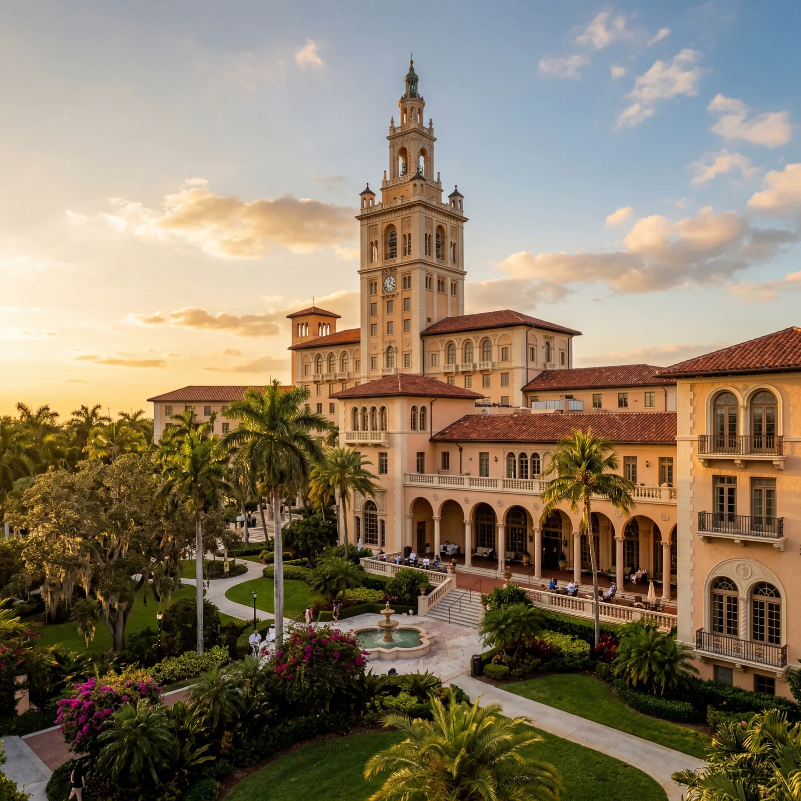 Grand Mediterranean Revival Biltmore Hotel exterior in Coral Gables Florida with 26-story tower and lush tropical grounds, warm editorial travel photography, golden hour, photorealistic, no text, no watermark, 16:9
