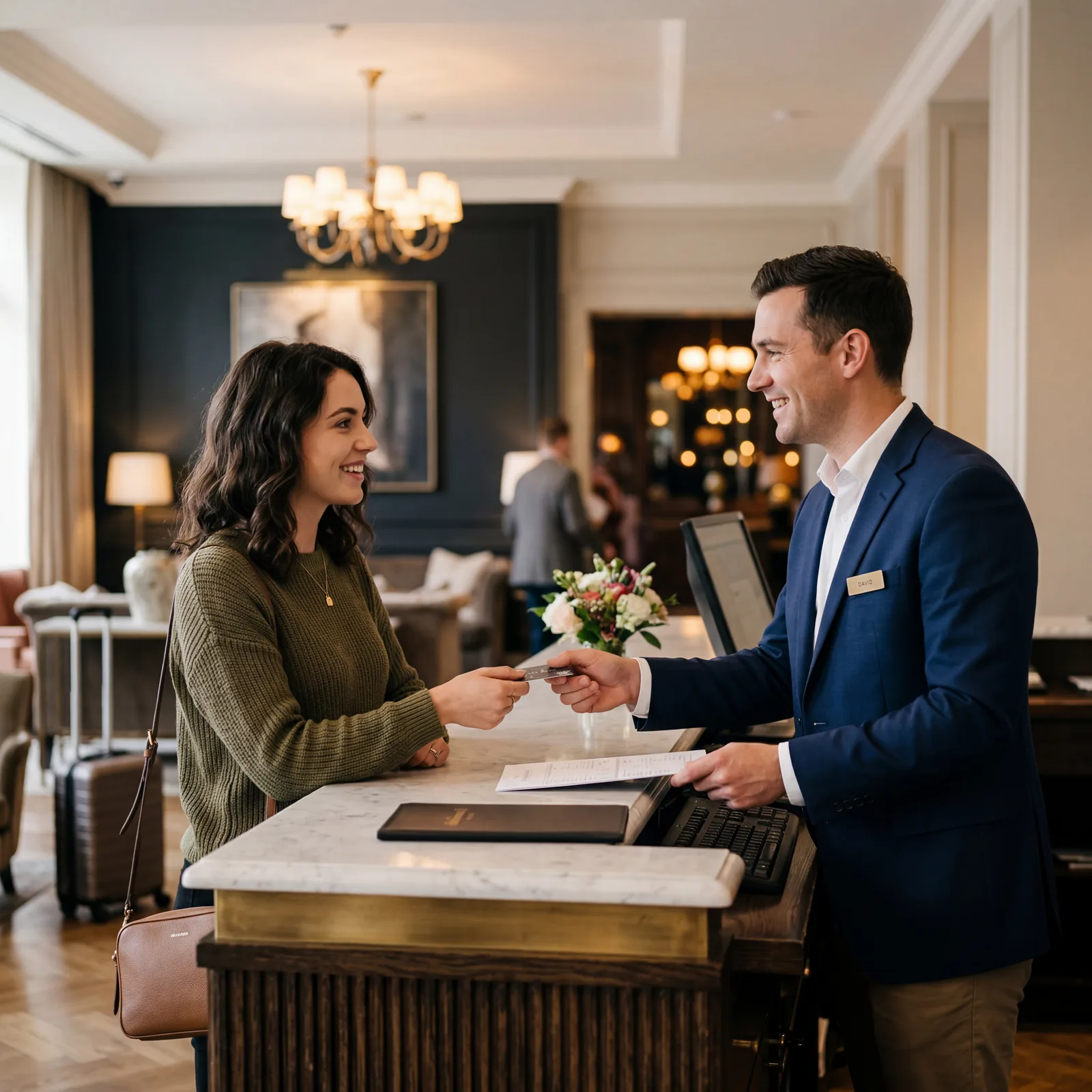 Hotel check-in counter, direct eye contact between guest and front desk staff, warm professional interaction, upscale hotel lobby, warm editorial travel photography, photorealistic, no text, no watermark, 16:9