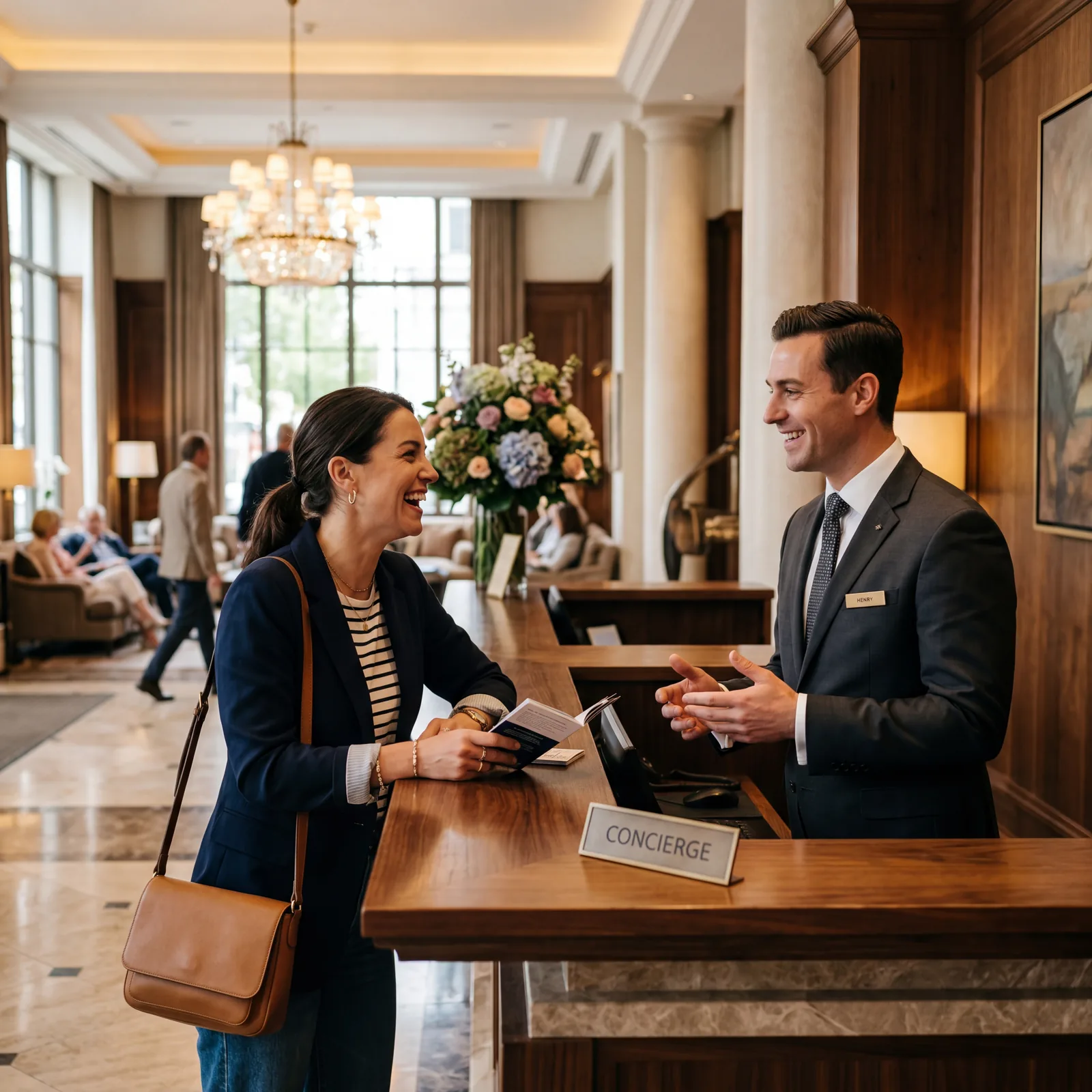 Hotel concierge desk, guest leaning on counter having a friendly conversation with concierge, elegant hotel lobby, editorial photography, photorealistic, no text, no watermark, 16:9