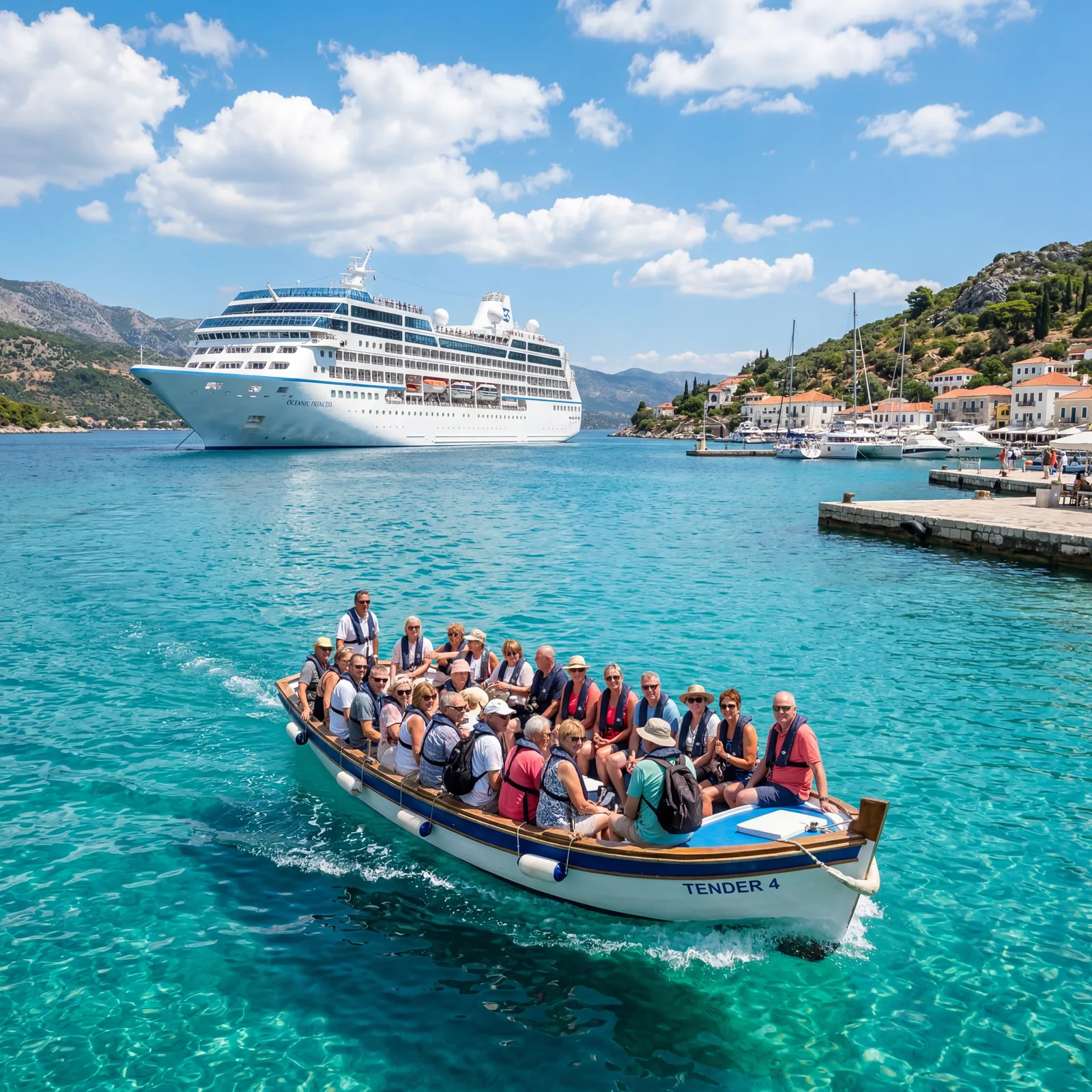 Small tender boat ferrying cruise passengers from ship to a port with clear turquoise water, sunny day, travel documentary photography, photorealistic, no text, no watermark, 16:9