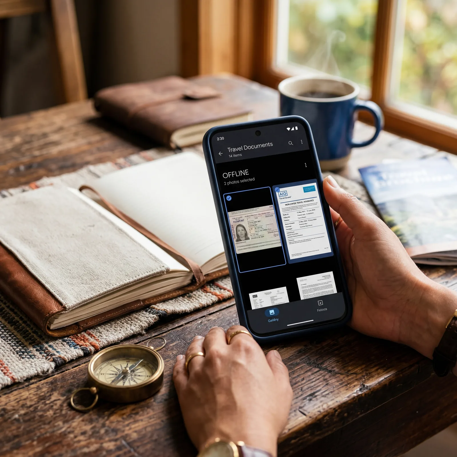 Smartphone displaying scanned copies of passport and travel insurance documents in an offline folder, organized photo gallery, photorealistic, editorial travel photography, no text, no watermark, 16:9