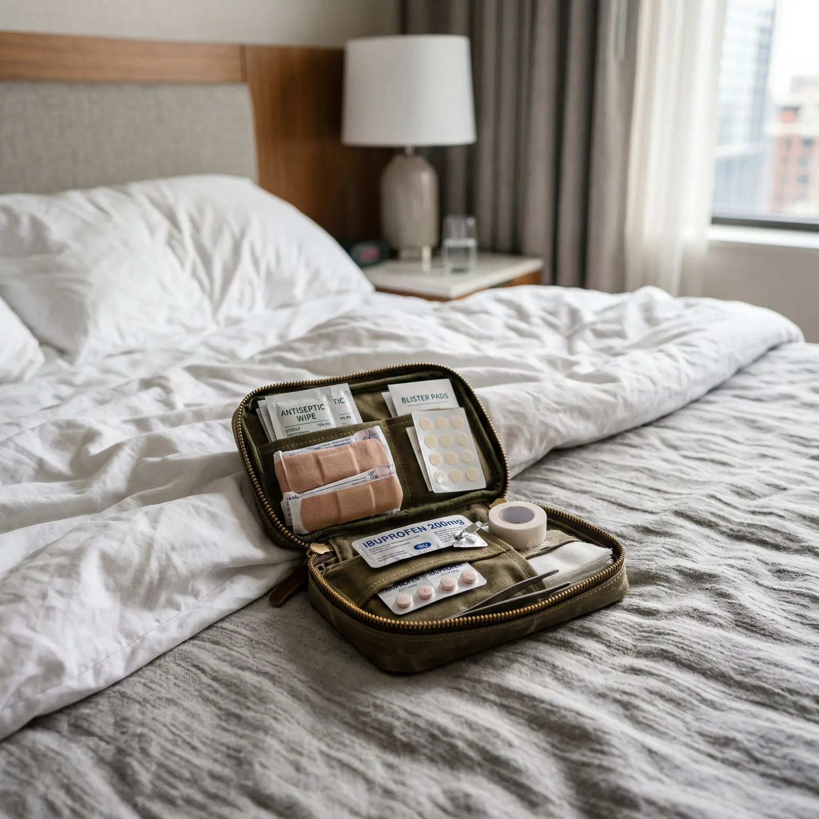A compact handmade travel first aid kit opened on a hotel bed, including bandages, antiseptic wipes, ibuprofen, and blister pads, photorealistic, no text, no watermark, 16:9
