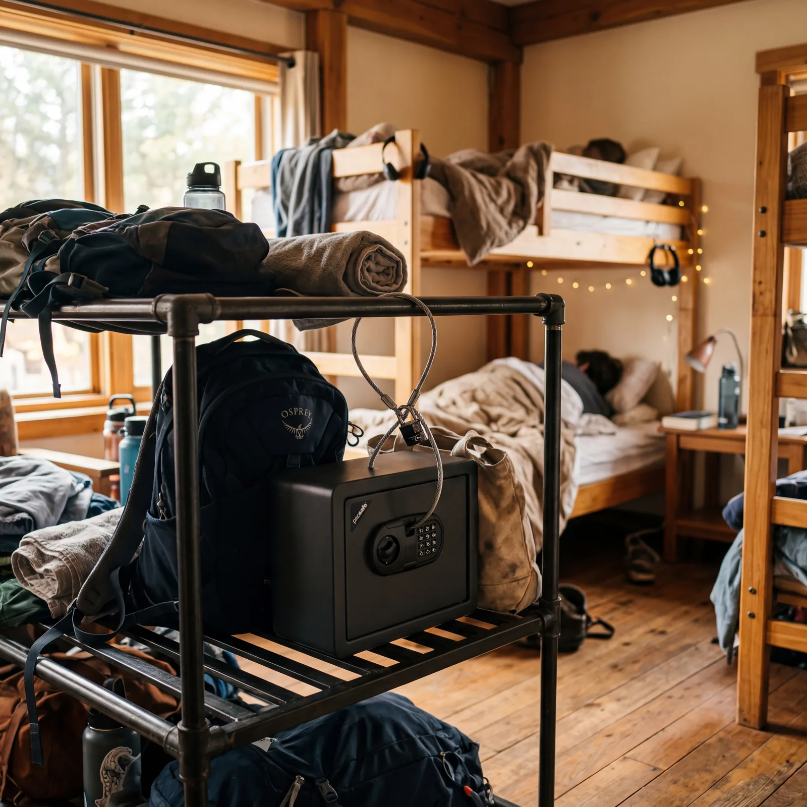 A small portable travel safe secured by a steel cable to a luggage rack in a hostel dorm room, photorealistic, warm editorial photography, no text, no watermark, 16:9